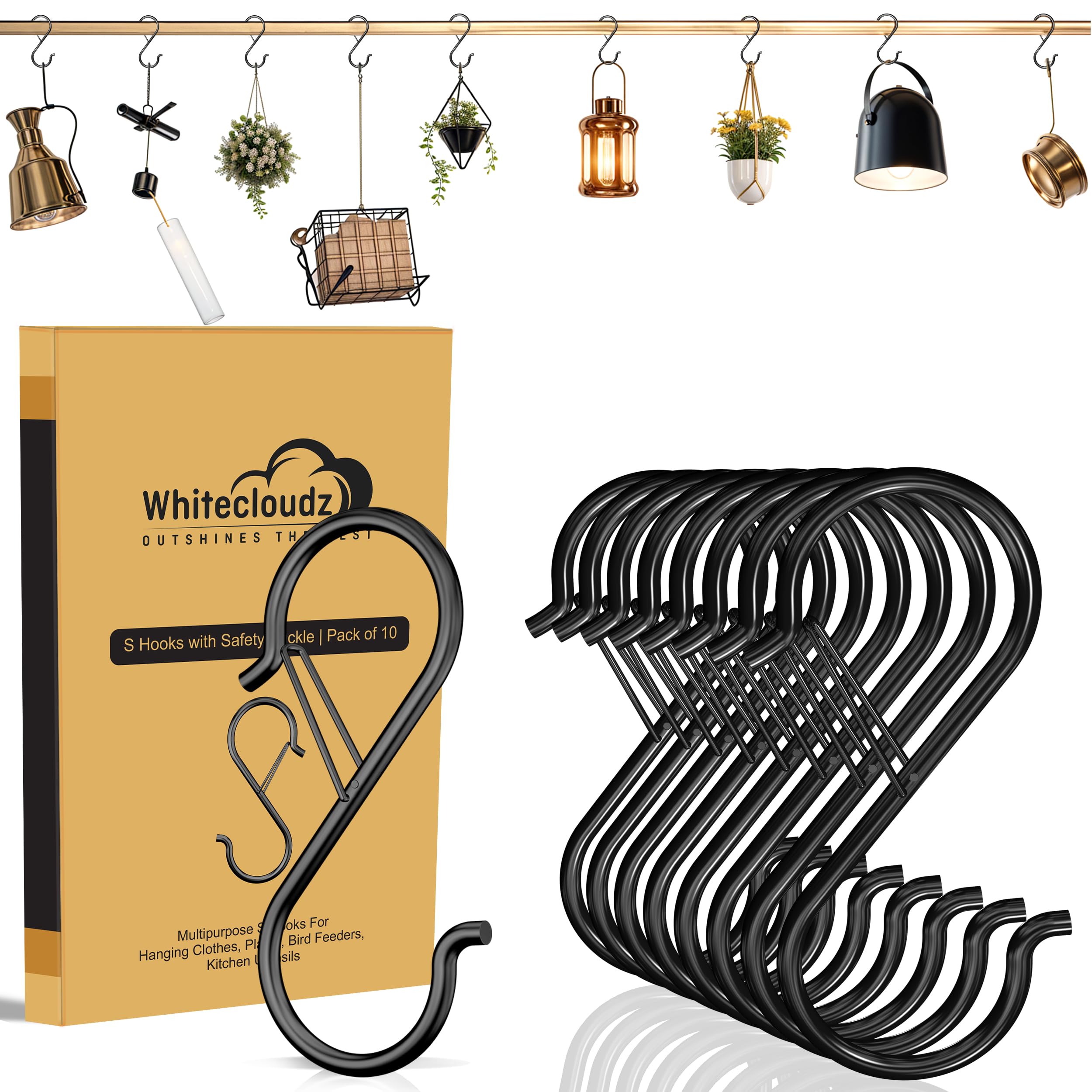 WHITECLOUDZ 10Pack Heavy Duty S Hooks for Hanging with Safety Buckle, Wall HangingHooks, Heavy Duty Hook with Safety Clip for Kitchen Utensils, Clothes, Ceiling Hook for Hanging Plants (9.2cm)