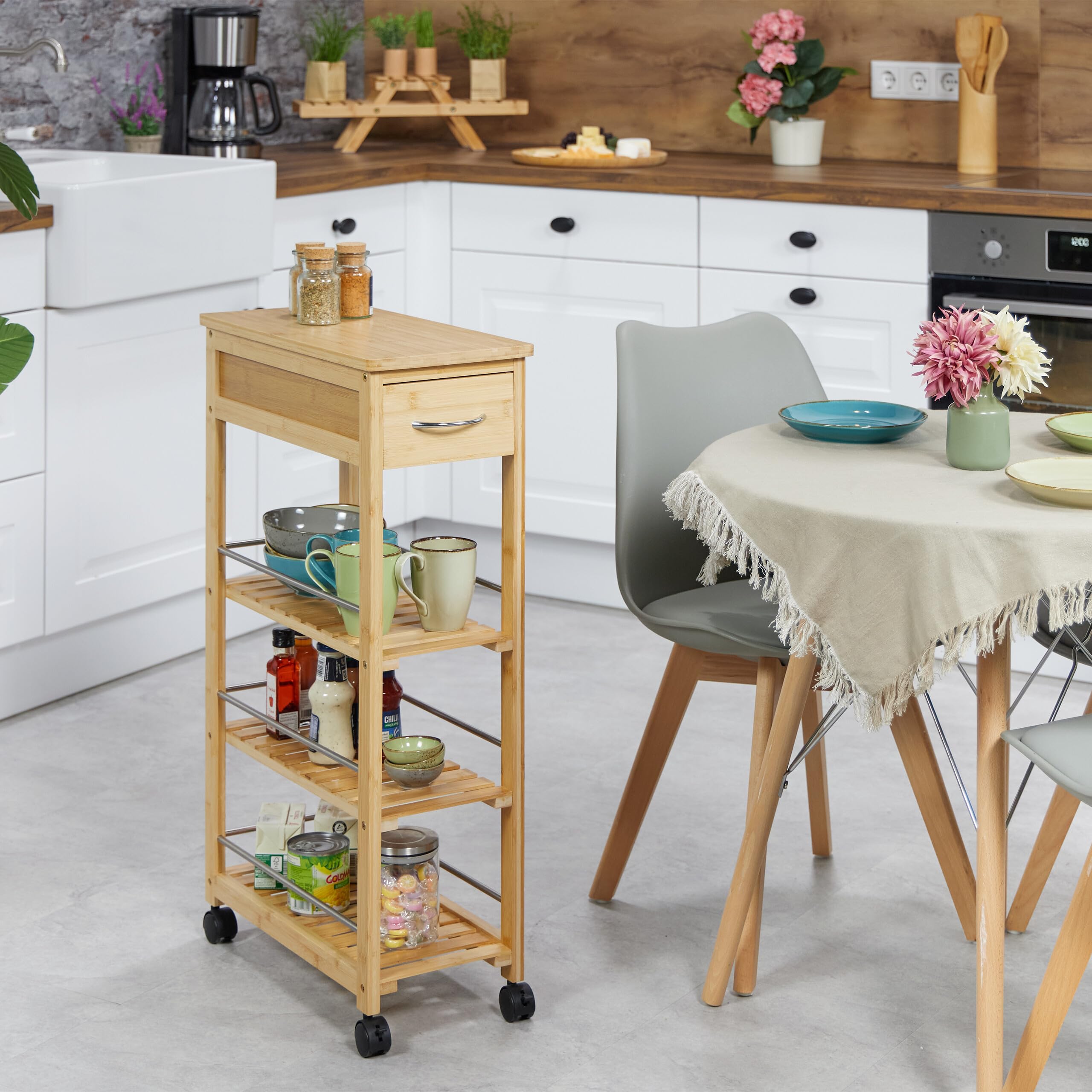 Relaxdays Carrello da Cucina con Ruote, 3 Ripiani e Cassetto, Carrellino Portaoggetti, HLP: 86,5 x 25 x 50,5 cm, bambù