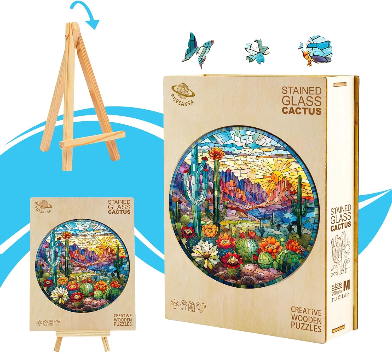 Wooden Jigsaw Puzzle for Adults, Stained Glass Cactus Wooden Puzzles for Adults 200 Pieces, Colorful Plant Succulent Wood Puzzles Adult, Unique Shape, Fun Gifts for Friend, Home Decor(M -11.4*11.4in)