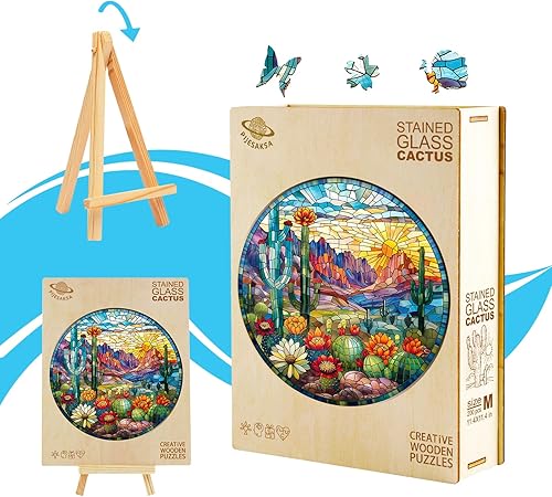 Miniatura 7 de Rompecabezas de madera para adultos, rompecabezas de madera de cactus vitrales para adultos, 300 piezas, rompecabezas de madera colorida para