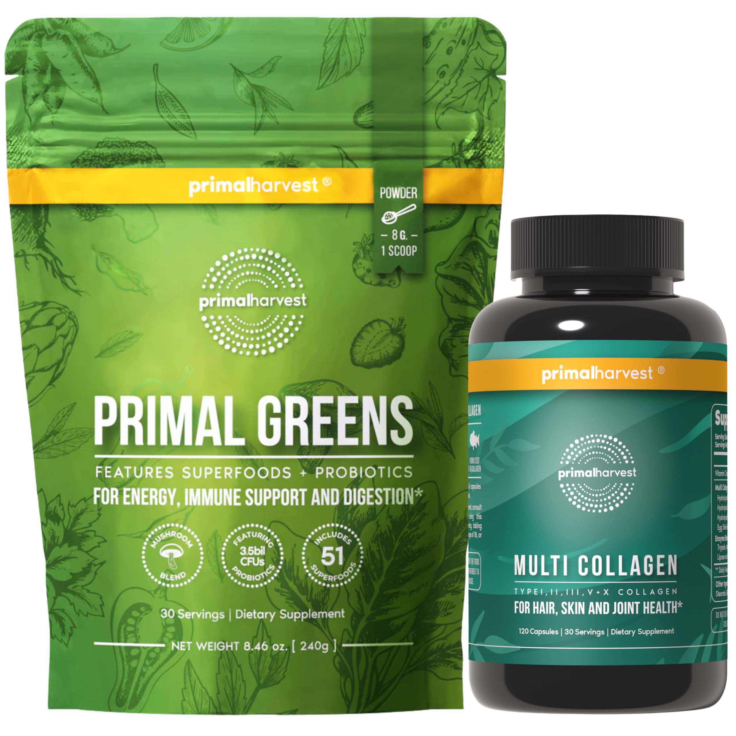 Primal Harvest Super Greens Multi Collagen Capsules Supplements for Women and Men - Superfood Greens Powder and Multi