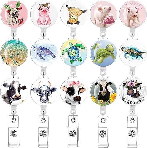 Miniatura 1 de Paquete de 15 carretes retráctiles con estampado de tortuga cerdo y vaca, soporte para tarjetas de identificación, clip retráctil, divertido carrete