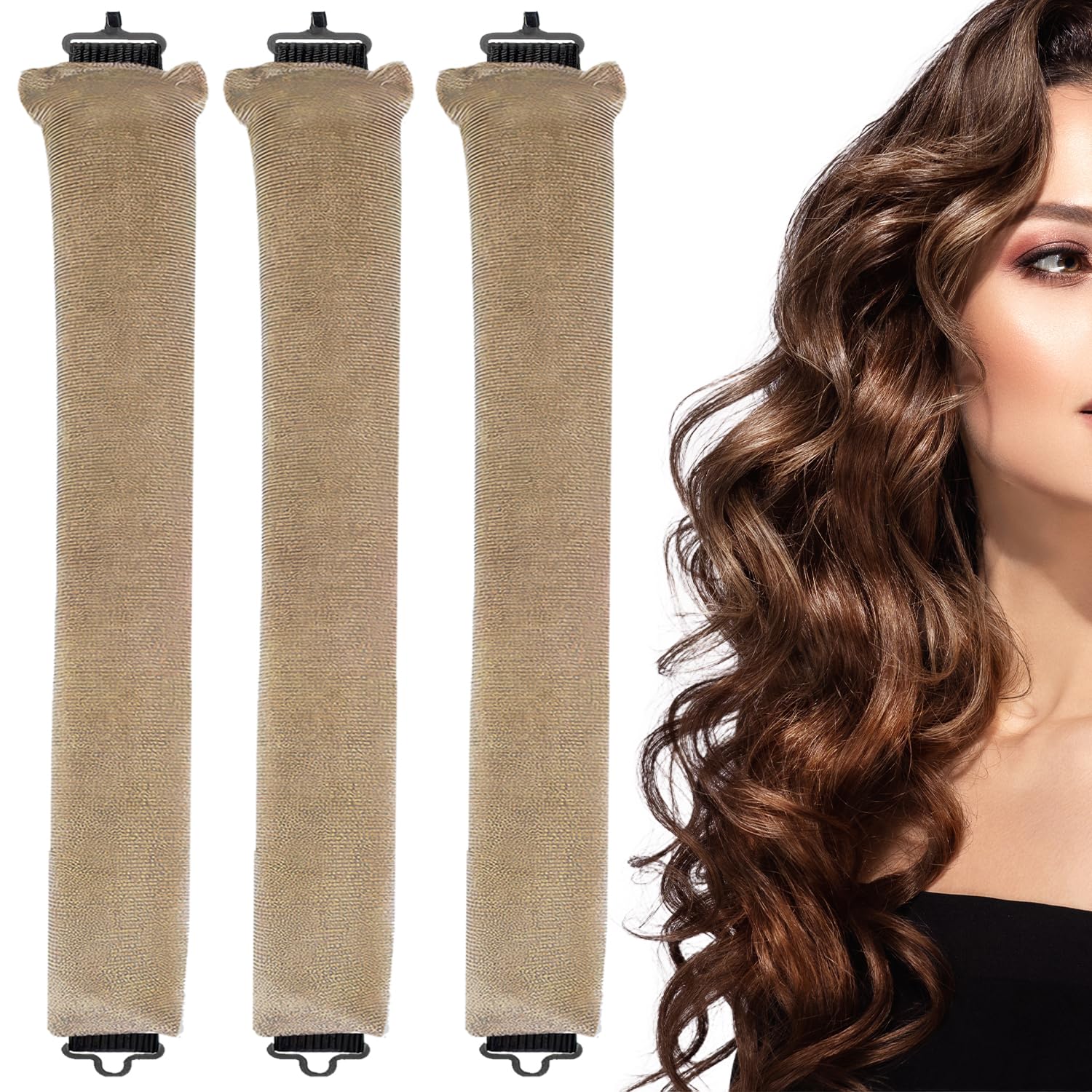 3PCS Heatless Khaki Headband for Long Hair - No Heat Overnight Curls, Khaki 3-pack, 1 count (Pack of 3)