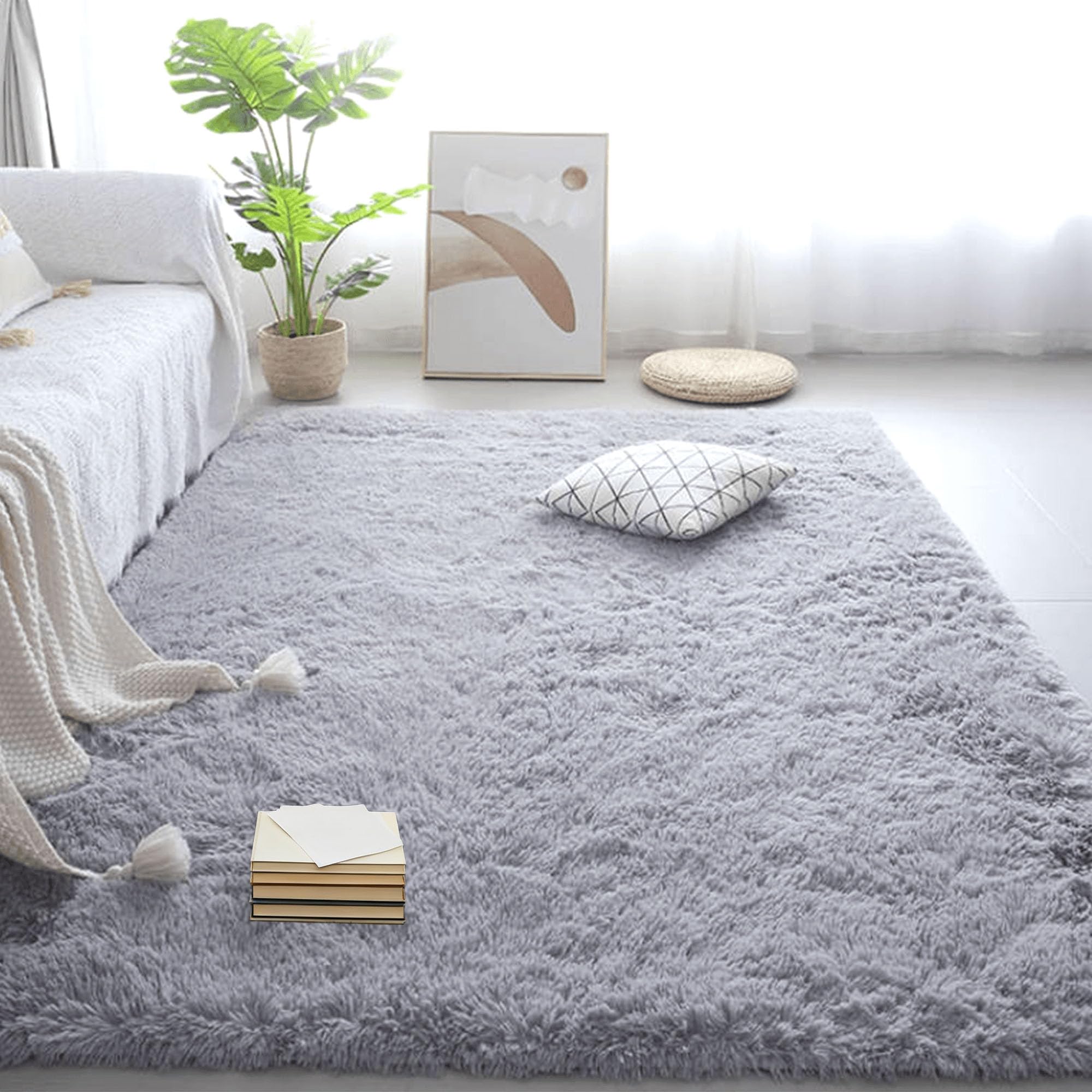 Tapis shaggy facile à nettoyer grand tapis gris clair moelleux de salon