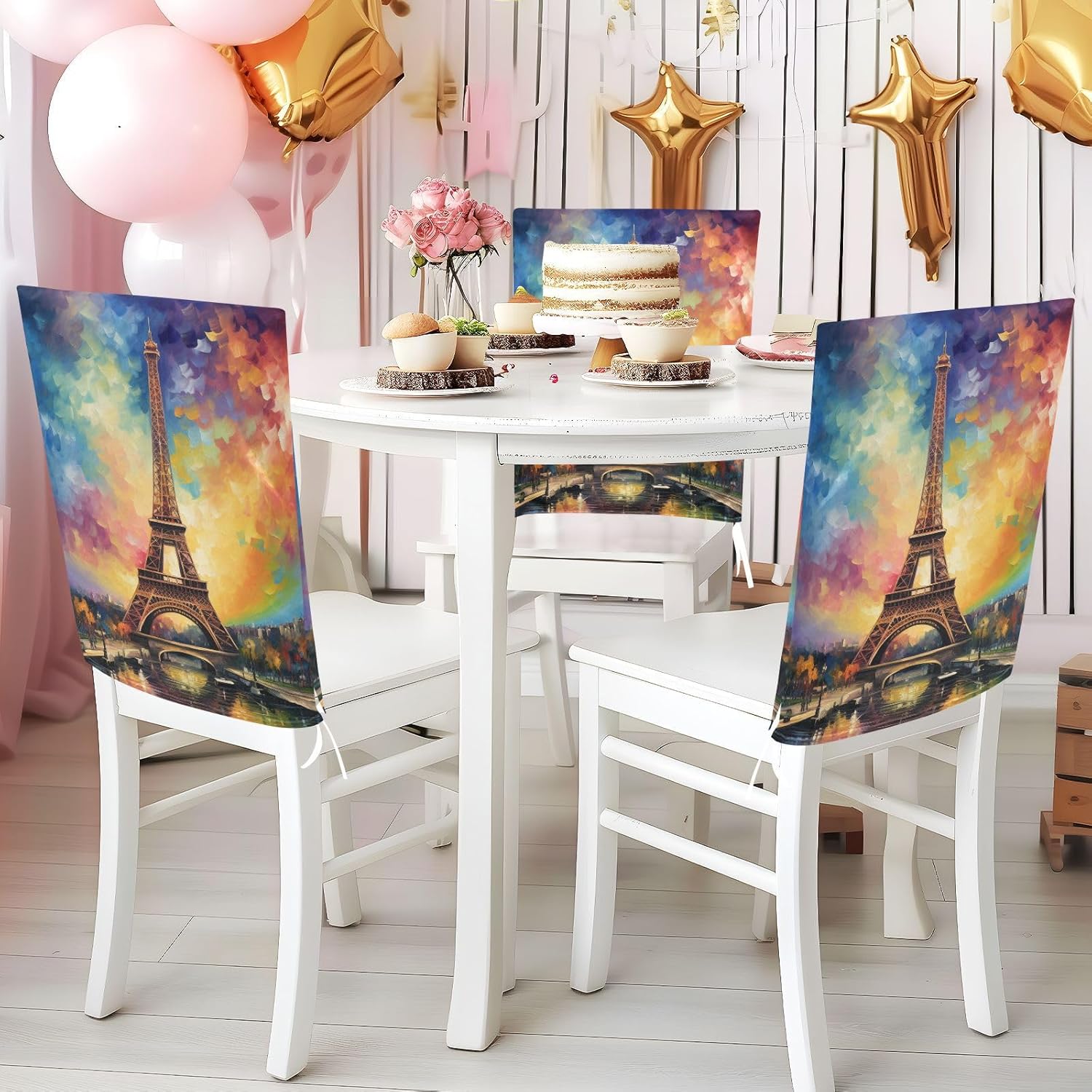 ALAZA Eiffel Tower and Rainbow Sky Chair Back Cover Set of 6, Washable Reusable Removable Chair Slipcovers Decorative Chair Cover for Home Kitchen Wedding Party