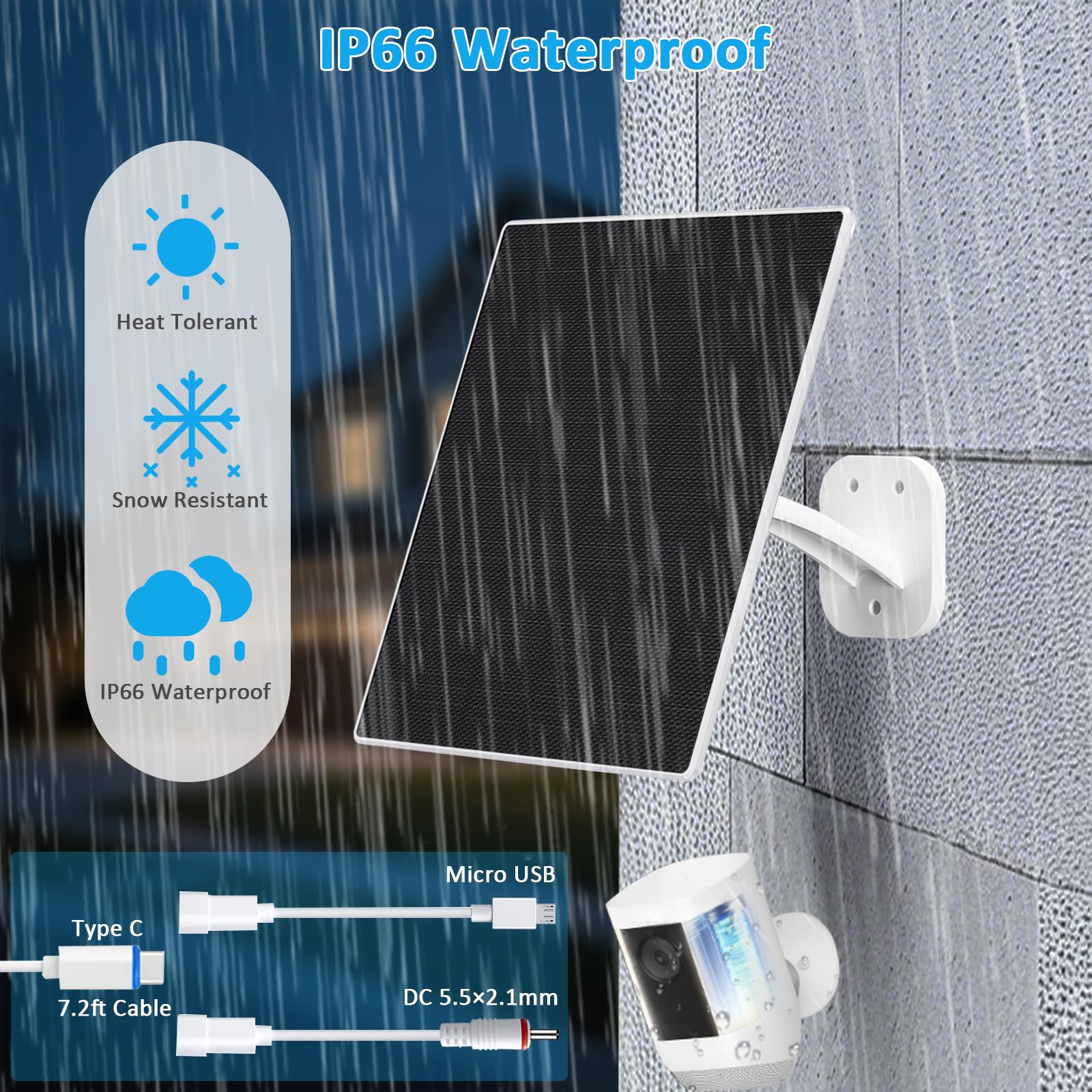 FUTUREZEN Pannello solare per telecamera di sicurezza, caricatore solare da 10 W con DC 5,5 x 2,1 mm, porta USB-C e micro USB, impermeabile IP66, supporto regolabile a 360°, cavo da 2 m (confezione da