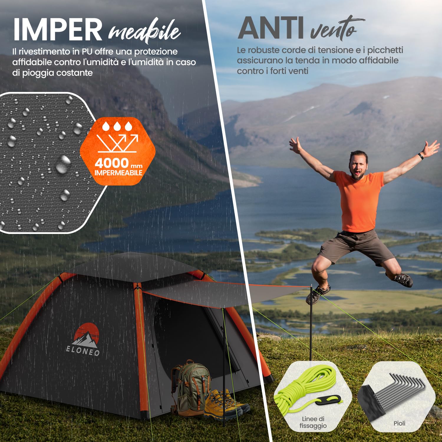 ELONEO tenda gonfiabile per 1-4 persone con tettoia e pompa ad aria, tenda da campeggio impermeabile, tenda ad aria ultraleggera, inflatable tent, tenda glamping con luce LED gratuita