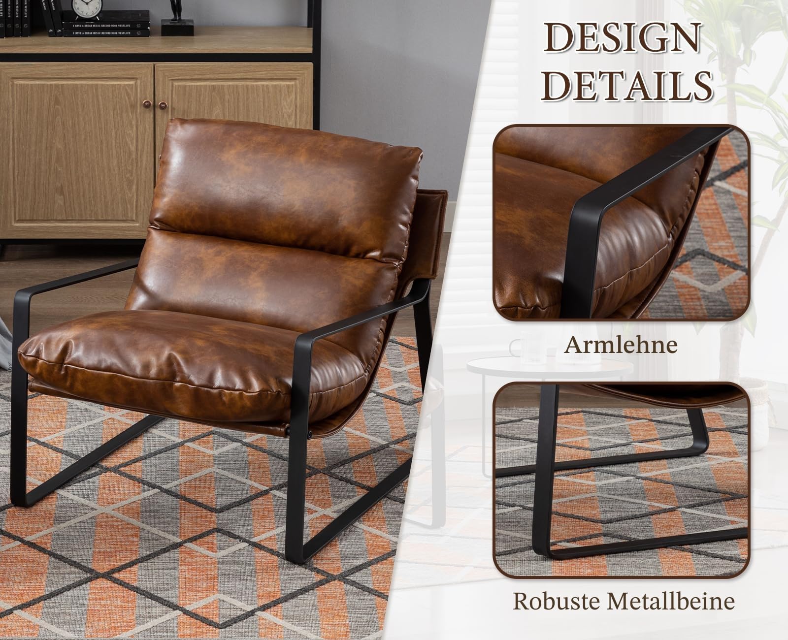 chairus Loungesessel Polsterstuhl Sessel für Wohnzimmer aus PU Leder Modern Ohrensessel Schlafzimmer Relaxsessel mit Armlehnen (Braun)