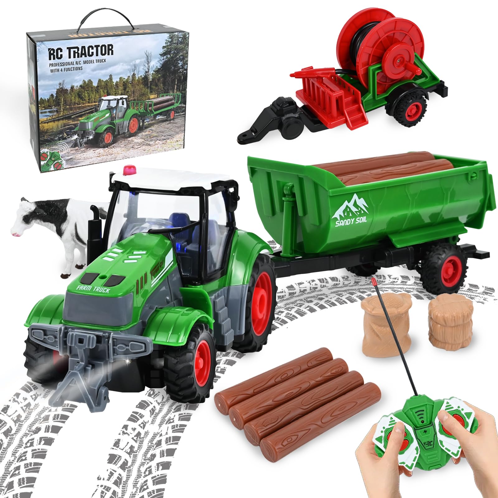PATEMZON Trattore Telecomandato per Bambini, 2,4 Ghz Trattore Radiocomandato, con Aspo per Irrigazione, Rimorchio Giocattolo e 4 Legname, Fattoria Bambini Giocattolo per Bambini 3 4 5+ Anni