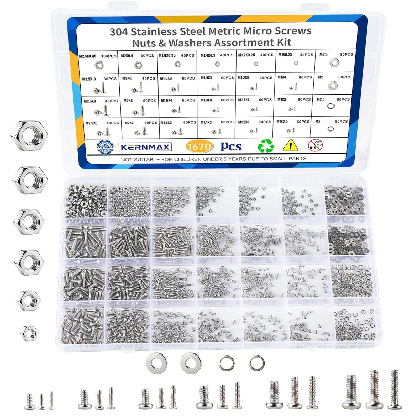 Glamoreal 1670Pcs Assortment of Metric 304 Stainless Steel Micro Screws and Nuts, Sizes M1, M1.2, M1.4, M1.6, M2, M2.5, Phillips Pan Head Machine Screws for Electronics, RC Models