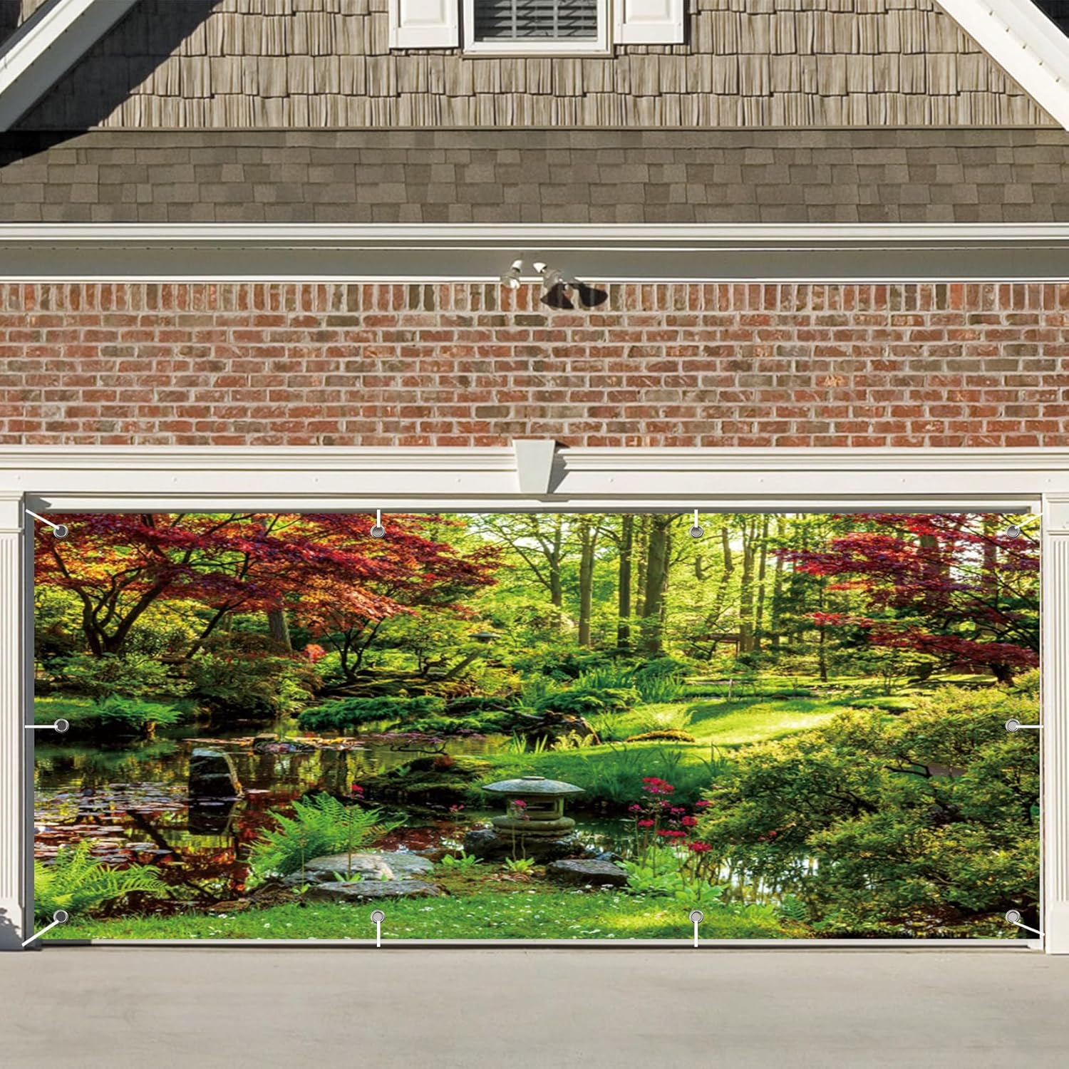 CSFOTO 7x16ft Park Scenery Garage Door Decoration Banner Spring Garden Sunshine Plants Lake Garage Decoration Wallpaper Spring Natural Landscape Wall Decoration Murals Portrait Props