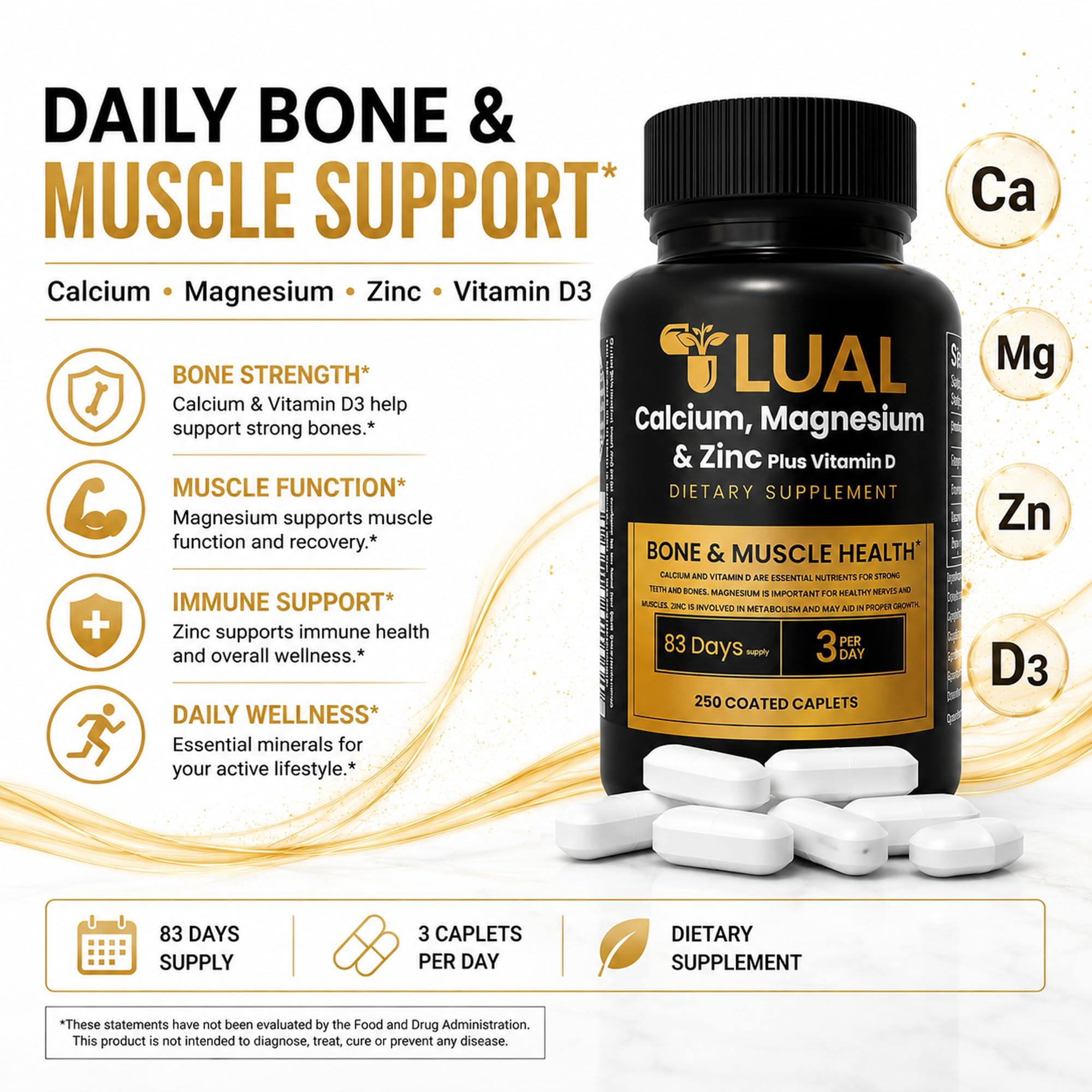 LUAL Calcium Magnesium Zinc with Vitamin D3, 250 Coated Caplets, for Adults — Amazon image 2