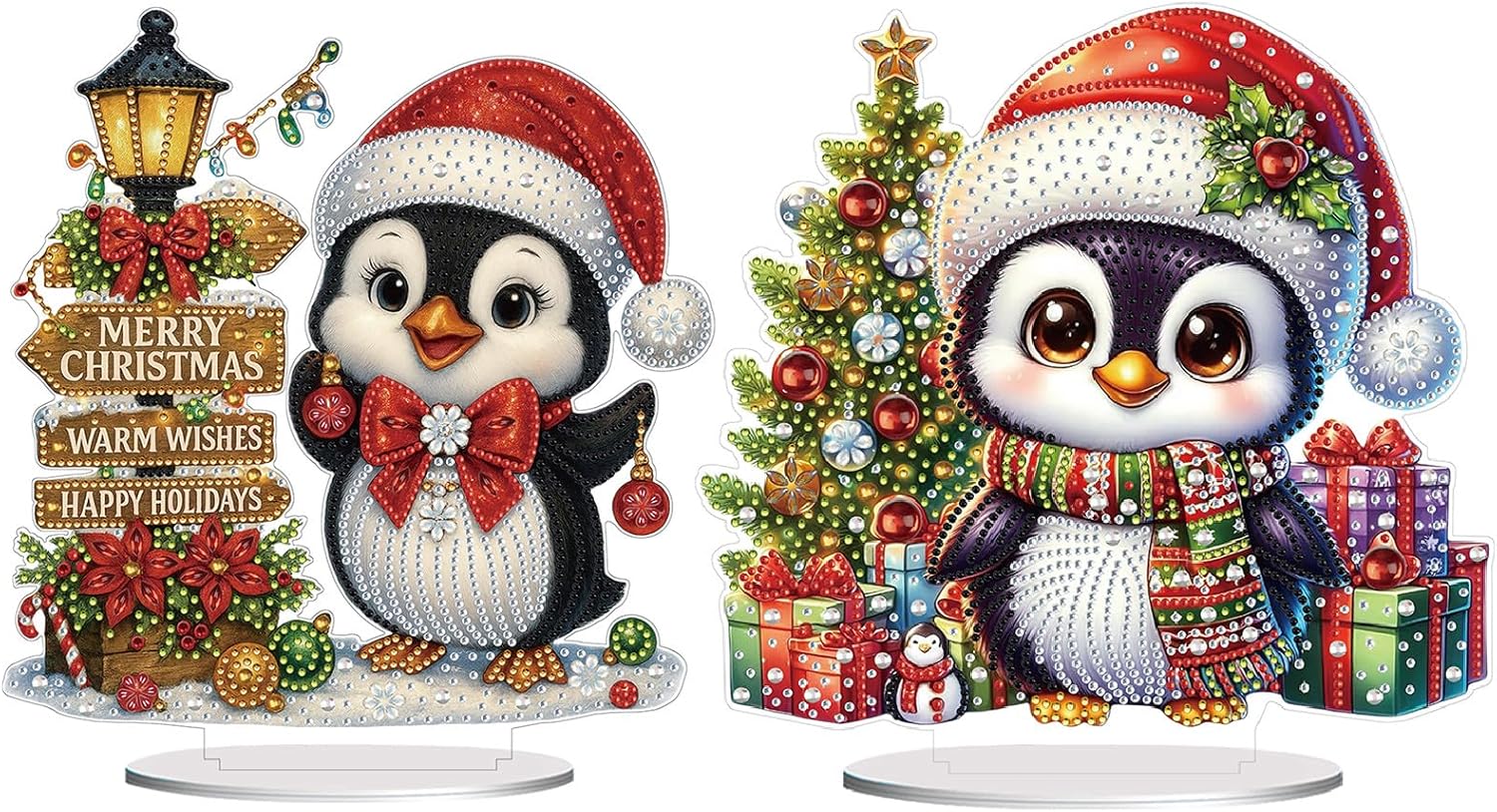 DoxQcs DIY Dot Diamond Art Paintings Xmas Tabletop Ornaments for Adults, Christmas Creative Home Decoration Ornaments (Double-Sided Pattern, Single-Sided Diamond)-2PCS-Penguin