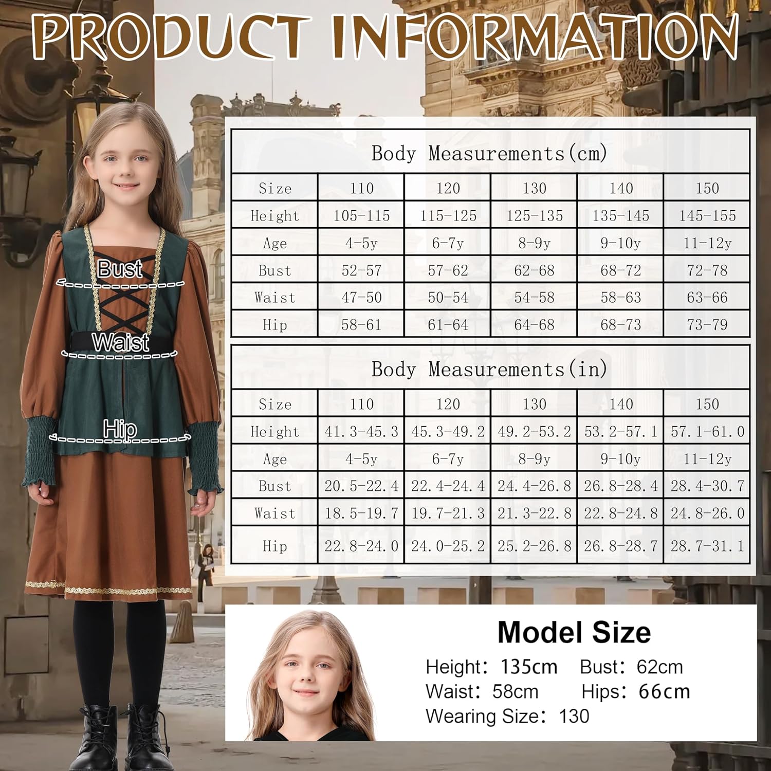 Ezuwail Girls Renaissance Dress Outfit Hooded Kids Medieval Princess Costume Sets for Halloween, Ren Fair