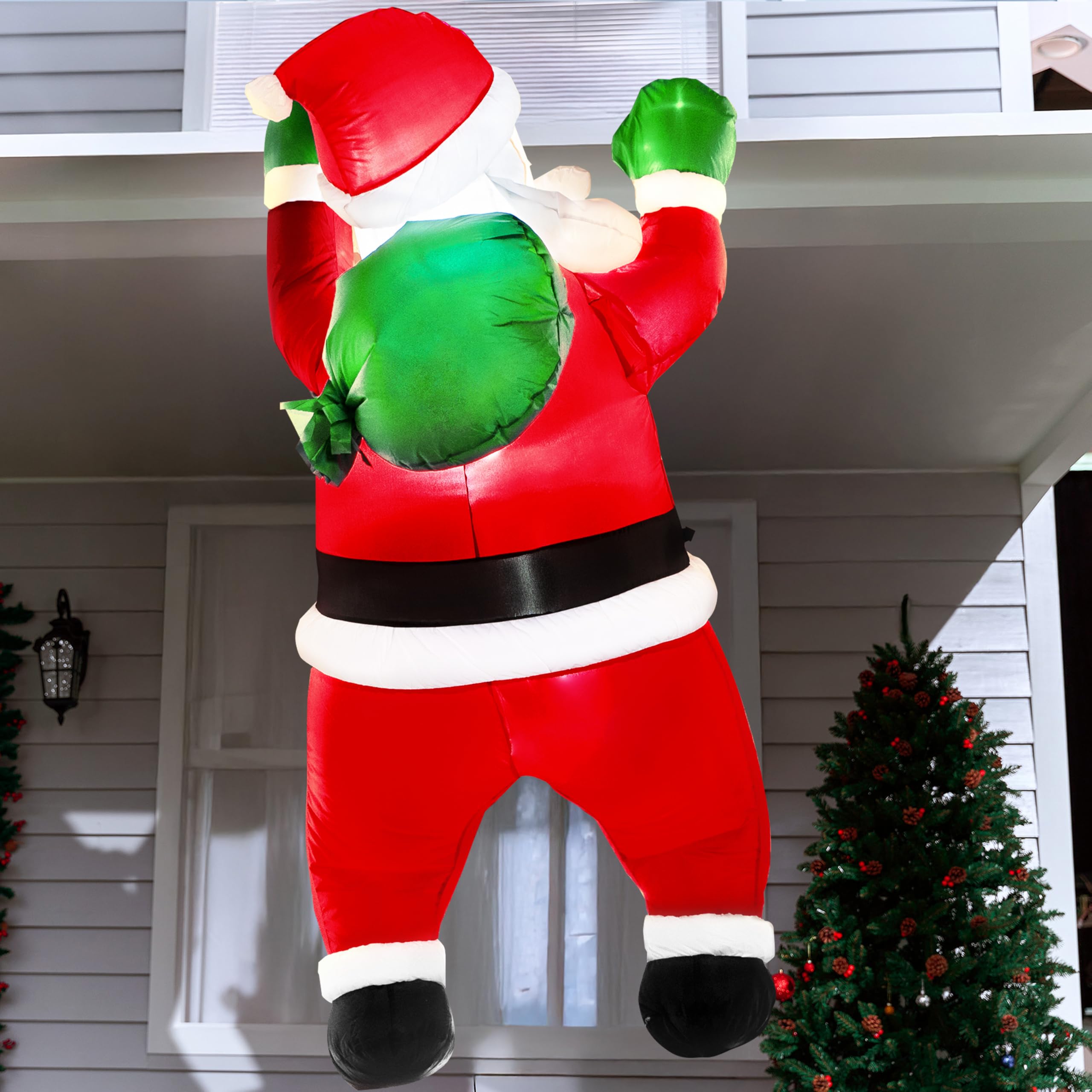 Joiedomi Opblaasbare kerstman om op te hangen, 168 cm hoog, met cadeautas, klimmende kerstman met geïntegreerde led voor kerstfeest, buiten, binnenplaats, tuin, gazon, winterdecoratie