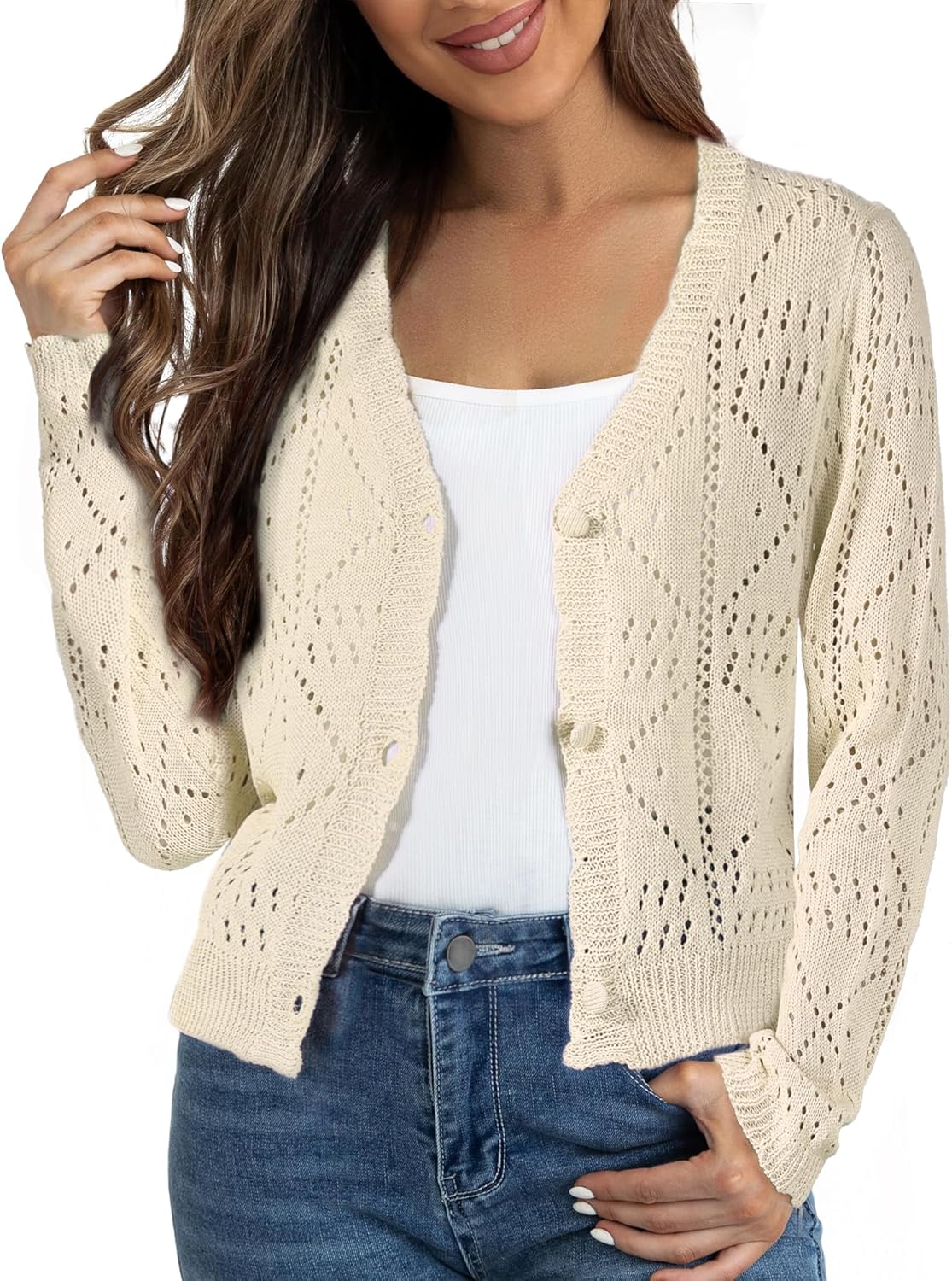 Allegra K Women's Crochet Cardigan Long Sleeve Cropped Knit Sweater Button Up Casual Beach Coverups