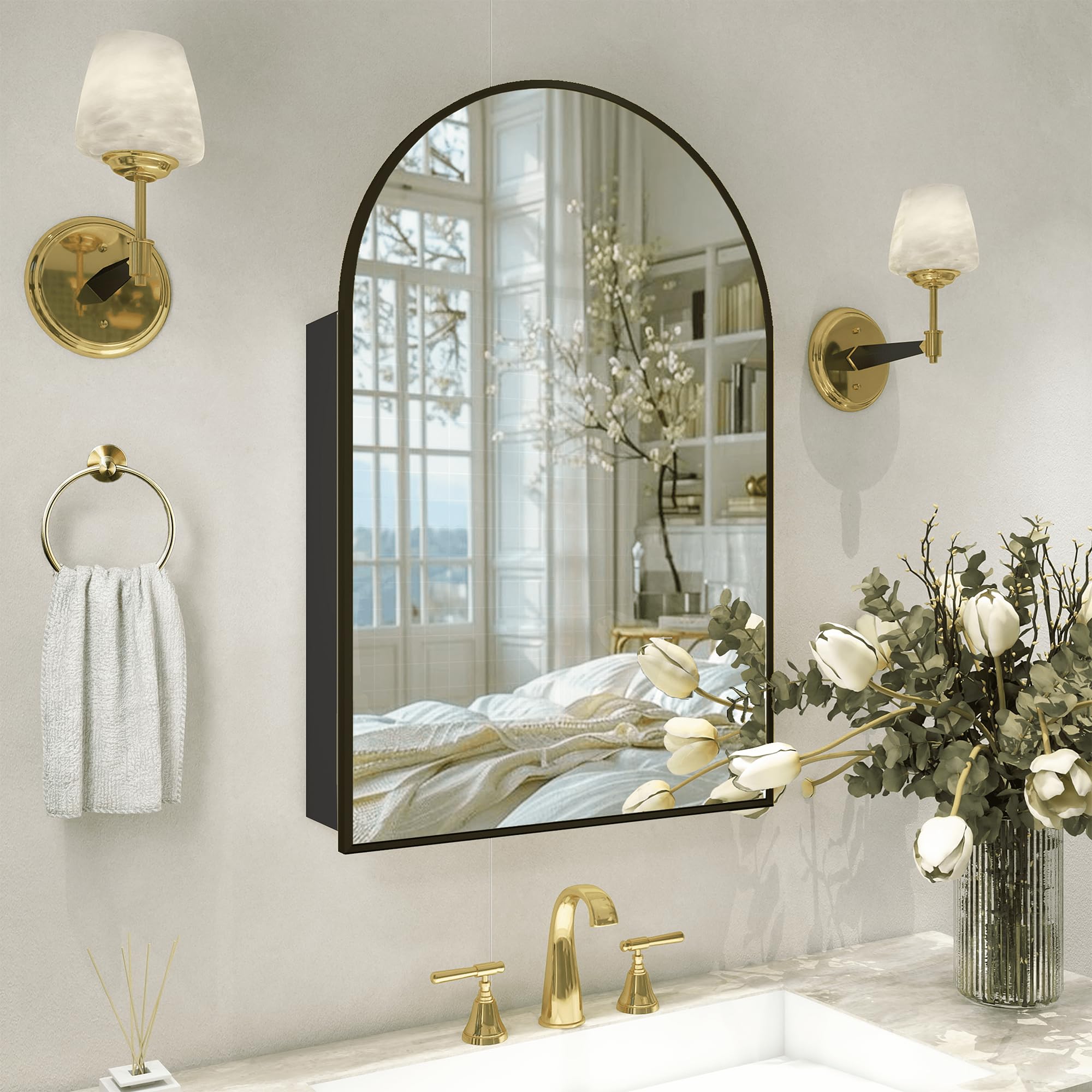 Black Medicine Cabinet with Mirror, Bathroom Arched Medicine Cabinet Wall Mounted, Modern Vanity Mirror with Storage, Mirrored Cabinet with Adjustable Shelves, Not Recessed, 24x36 Inch