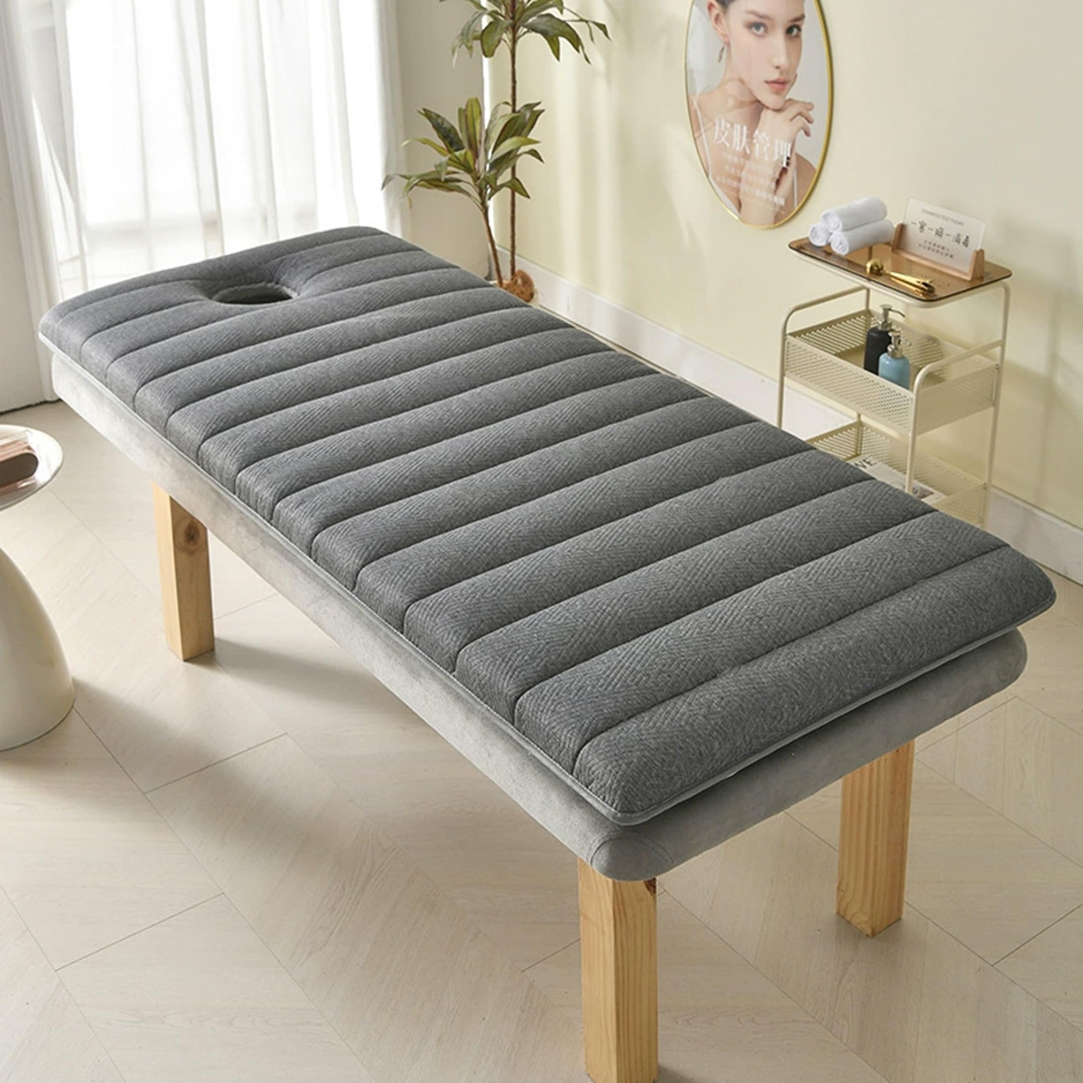 Lettino da massaggio pieghevole spesso 4 cm, imbottitura in memory foam, coprimaterasso in lattice con foro per il viso, per salone di bellezza spa, 27, 56 x 74, 80 pollici grigio