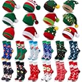 24 Pack Christmas Knitted Hats and Socks Set, Including 12 Pack Beanie Caps and 12 Pairs Crew Socks, Winter Knit Elf Hats for Men Women Adults Kids Xmas New Year Party Supplies