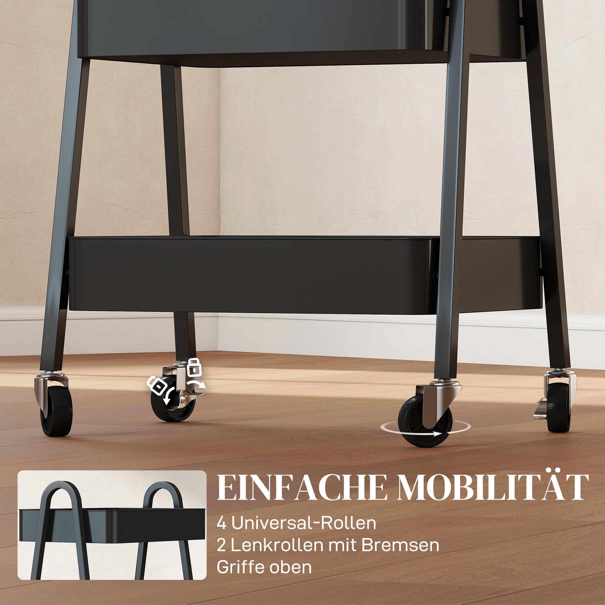 HOMCOM Servierwagen mit 3 Ebenen Küchenwagen mit Rollen Griff Rollwagen mit Bremse Küchenregal Küchenrollwagen Allzweckwagen für Küche Büro Badezimmer, Schwarz