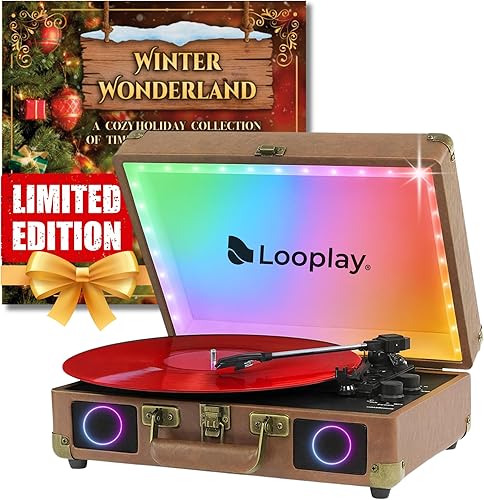 Tocadiscos de vinilo de maleta premium con luces LED, exclusivo álbum de vacaciones, portátil, Bluetooth, todo en uno, tocadiscos para amantes de la