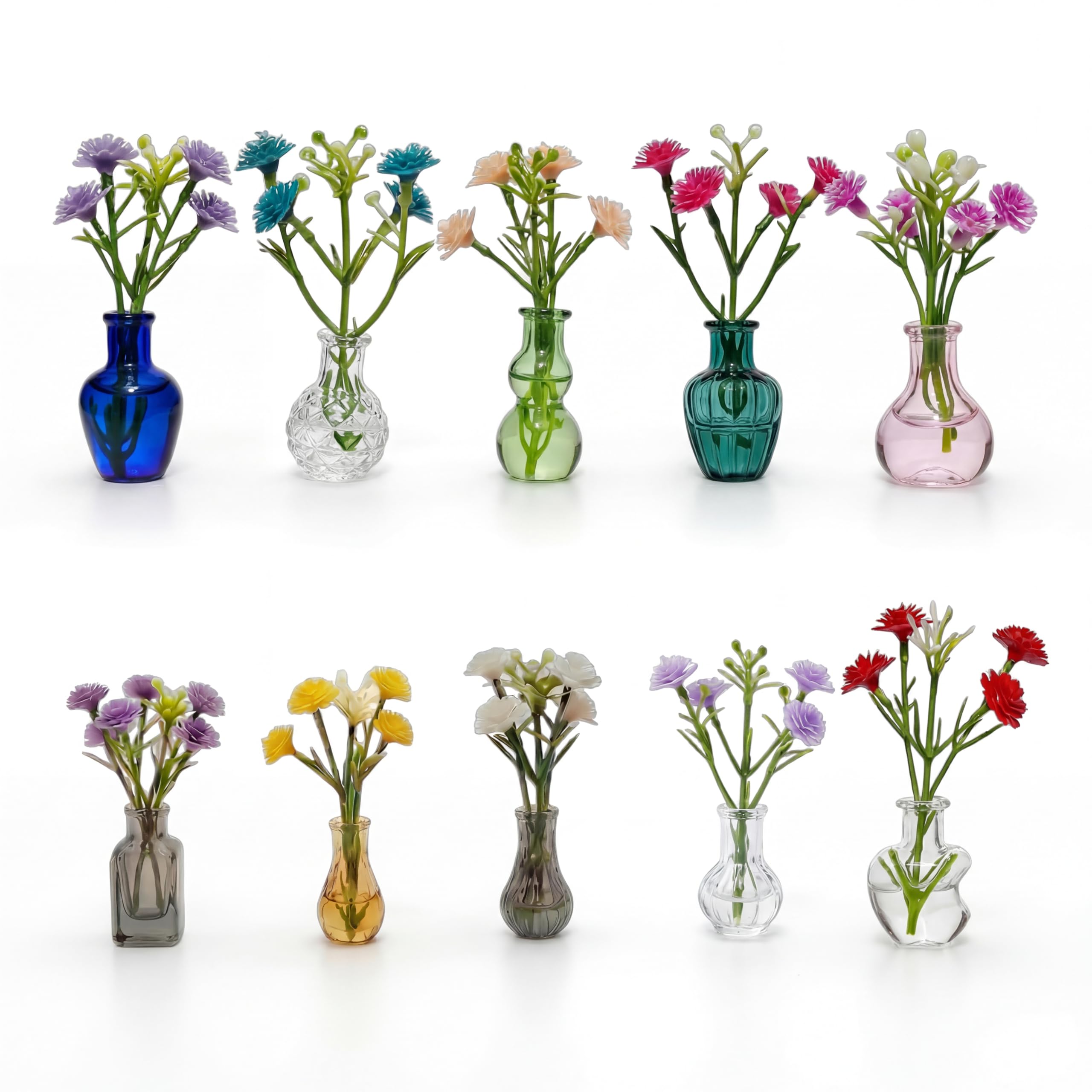 Photo 1 of 10-Pack Magnetic Mini Clear Glass Bud Vases for Fridge – Strong Magnets, Leak-Proof Propagation Vases – with 10 Faux Flowers (No Trimming) – Locker, Cubicle & Coworker Gift (Sea Glass Green)