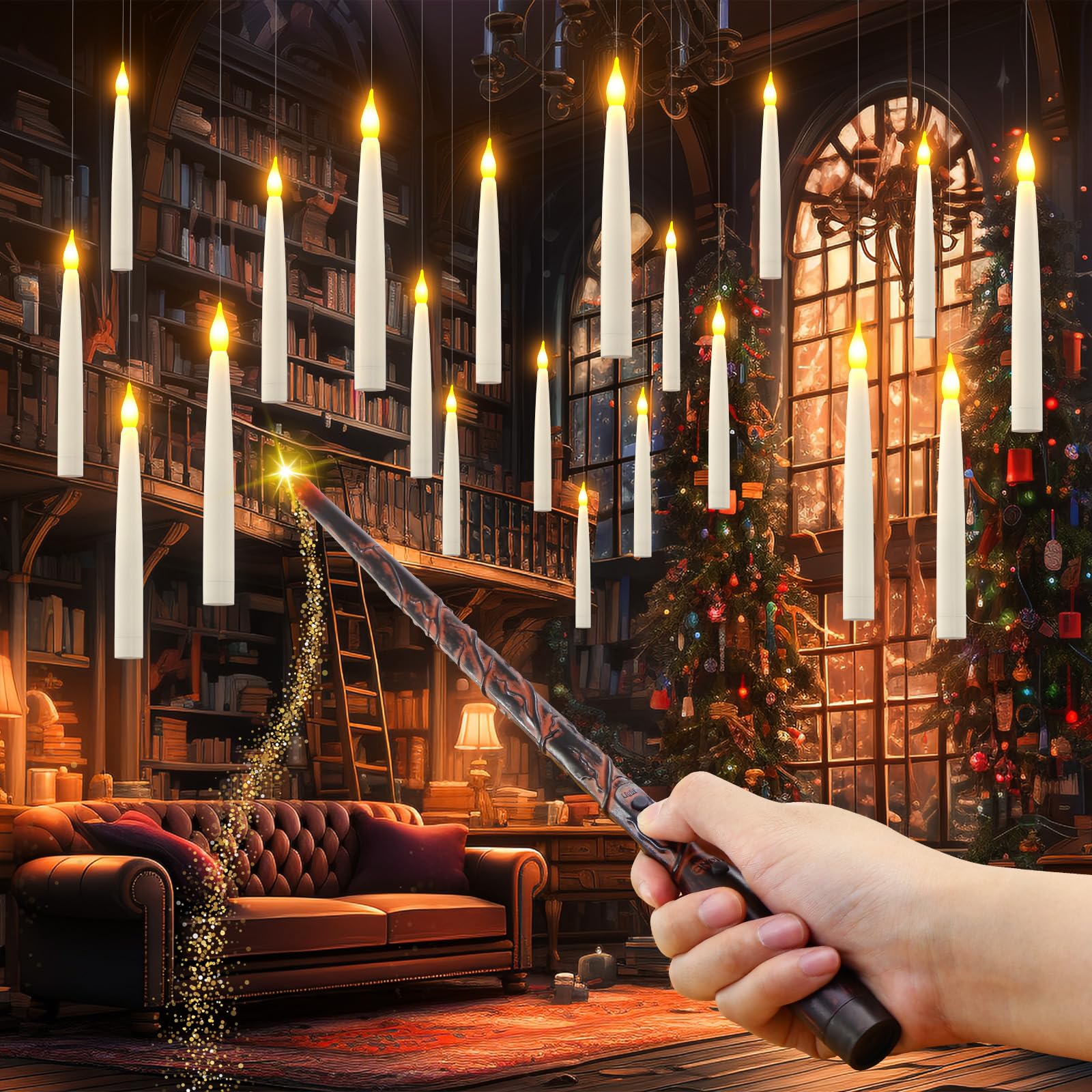 PChero Bougie Flottante avec Baguette, Lot de 20 Fausses Bougies à LED Flamme Vacillante Bougie Chandelier Decorative avec Télécommande pour Decoration Halloween Noel Maison Chambre