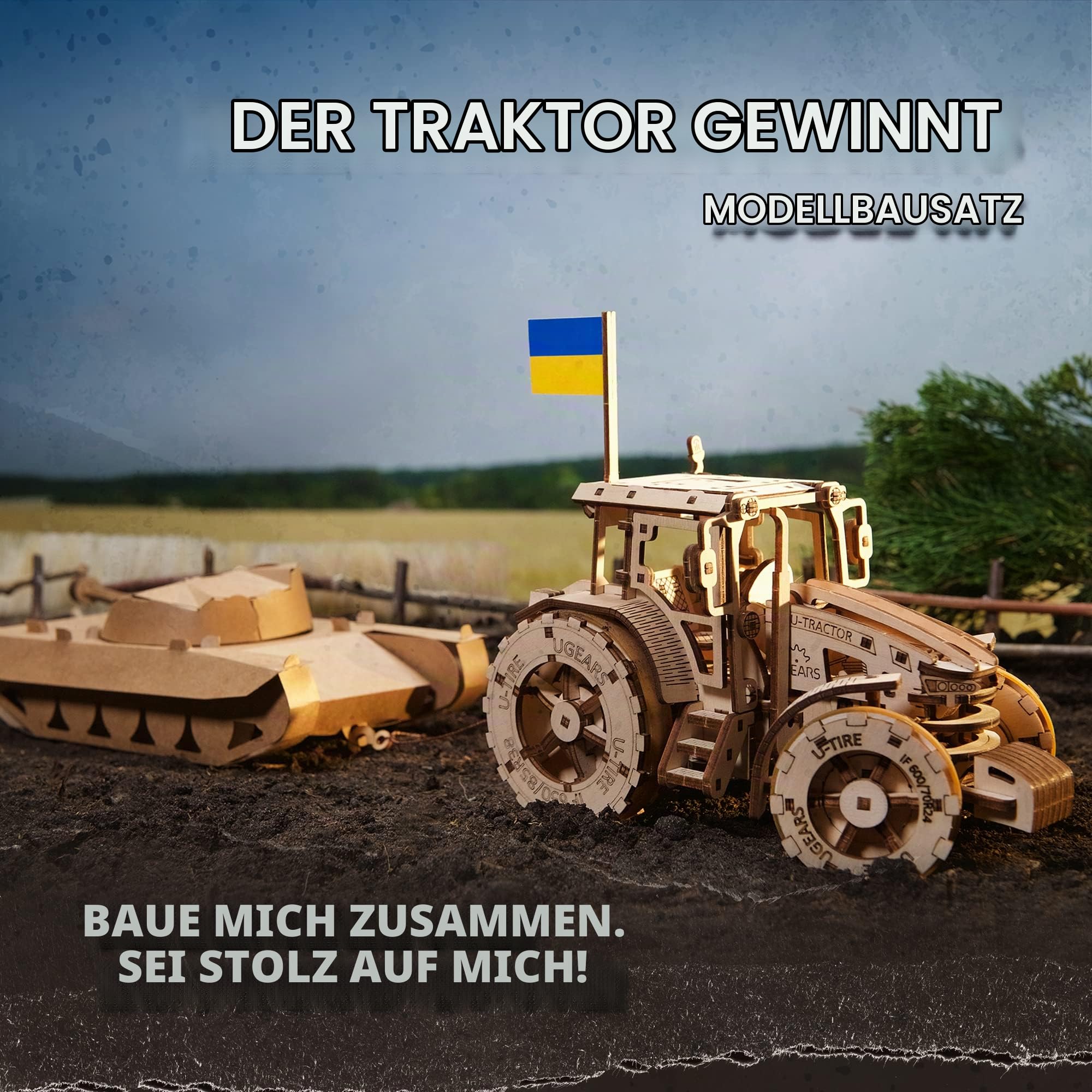UGEARS Der Traktor Siegt Modellbau Holz - Mächtiger Federbetriebener 3D Puzzle mit Faltbarem Papiertank - Holzpuzzle Erwachsene und Kinder - Modellbausatz Holzbausatz zum Bauen, Tractor Wins