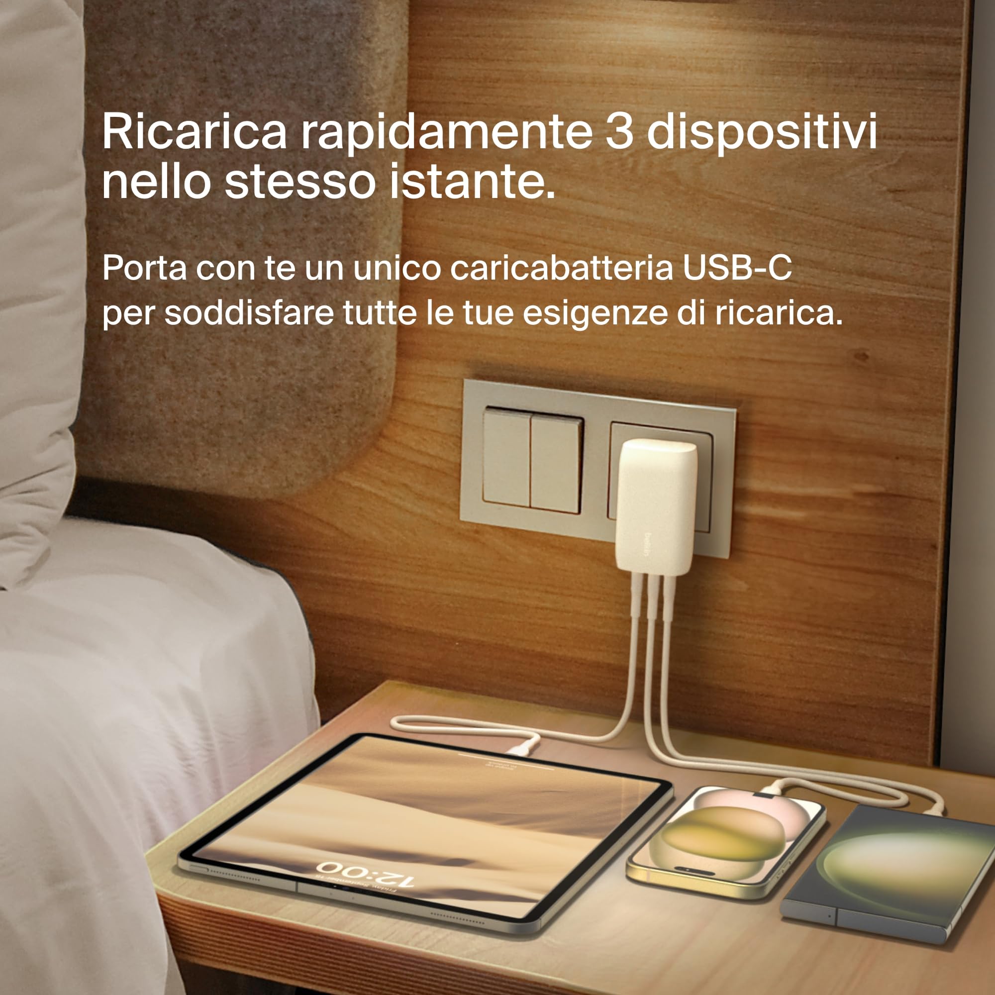 Belkin BoostCharge Caricabatteria da parete a 3 porte USB-C con PPS da 67 W, caricabatteria rapido per iPhone 16, MacBook Pro, AirPods, Samsung Galaxy e altri dispositivi con Power Delivery - Bianco