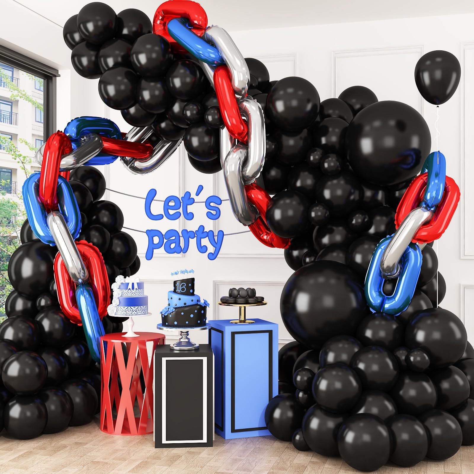 Blue Red Silver Chain Balloons,24PCS Giant Chain Foil Balloons Garland for Retro 80s 90s Hip Hop Party Decorations - Image 3