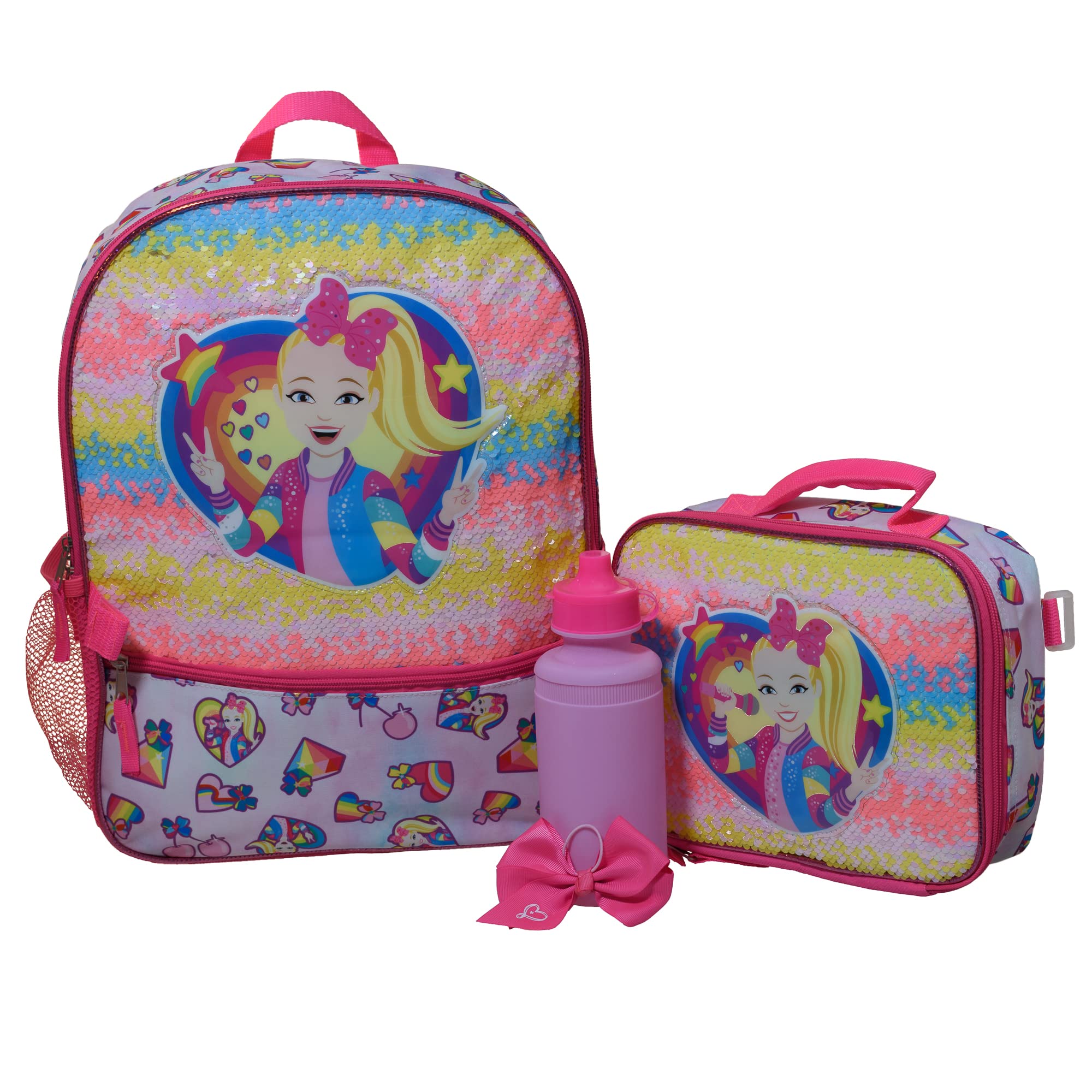Girls 4 Piece Backpack Set, Rainbow Sequin School Travel Bag with Front Zip Pocket, Mesh Side Pockets, Lunch Box, Water Bottle, and JoJo Bow Hair Tie, Pink, Traveling