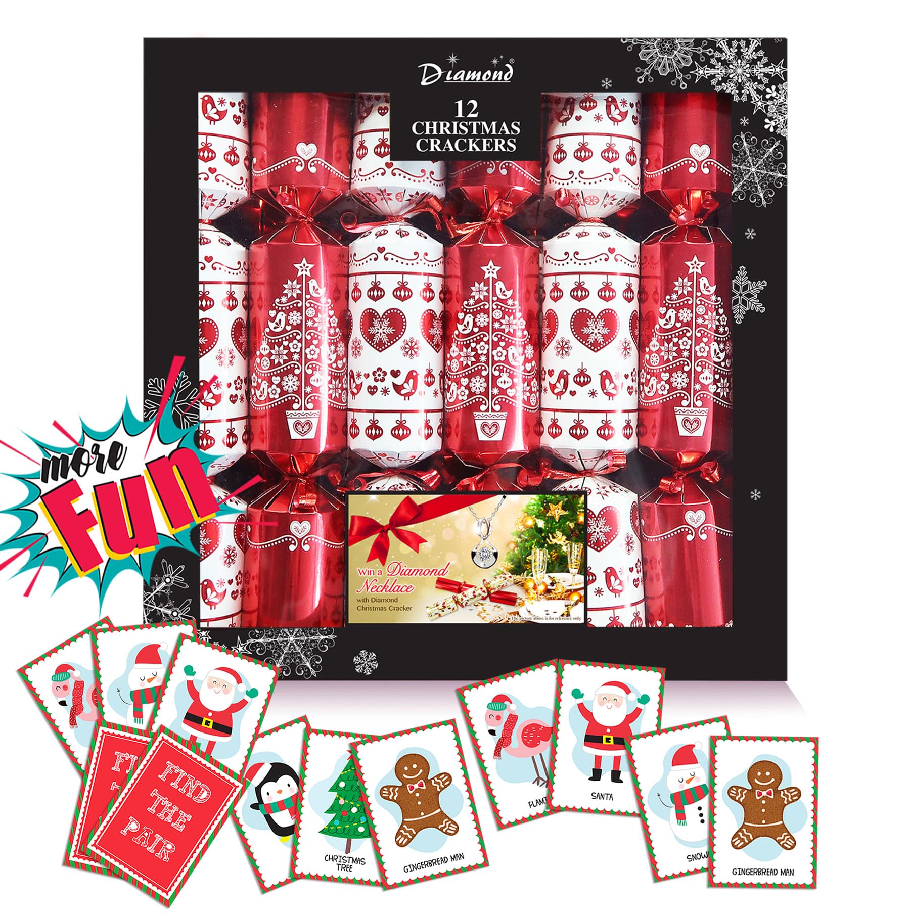 Diamond Christmas Cracker Red & White Christmas Crackers Pack 12 X 12In Ornamental Tree With Premium Contents + 18Pcs Of 'Find The Pair' Cards Game Or 12Pcs Bingo Card - By Diamond Brand