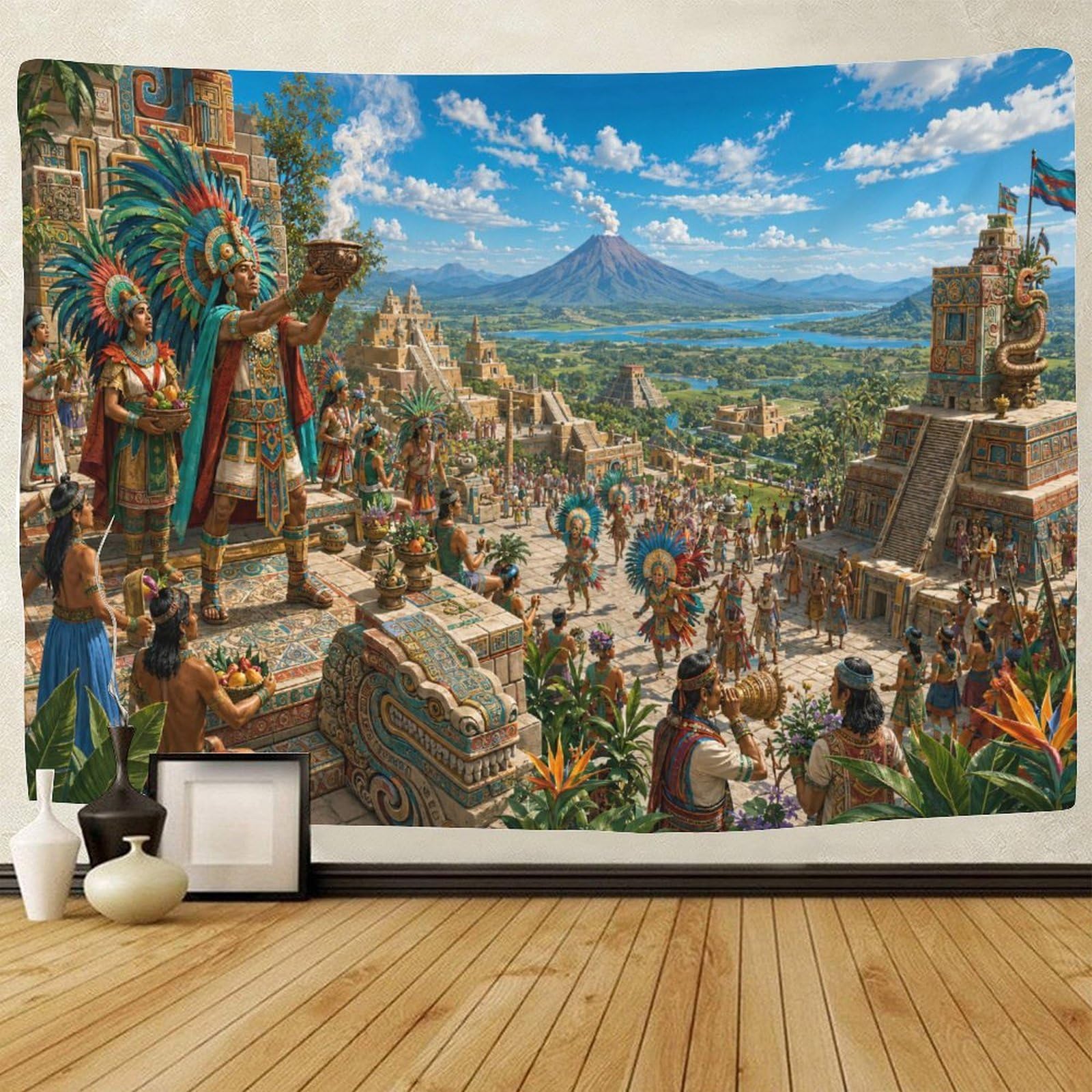 ASDFGHJKLZA Ancient Aztec Wall Tapestry 3D Print Wall Hanging Decor Mayan Pyramids Tapestries Poster Home Decoration Living Room Dorm 100cmx150cm