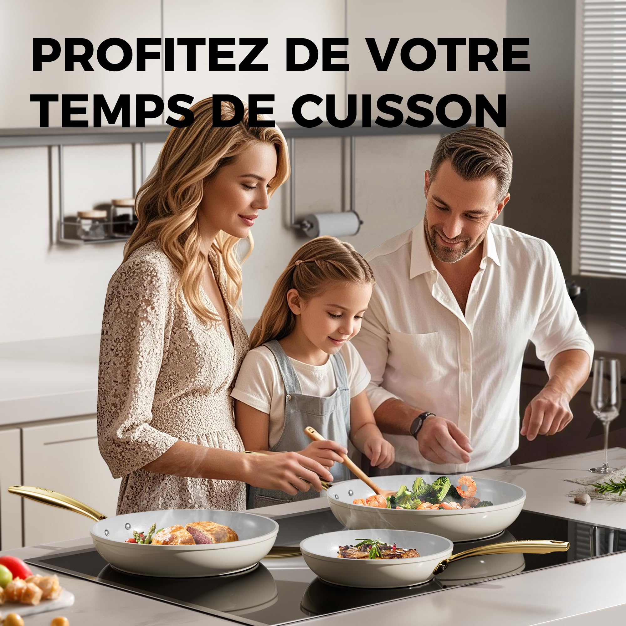 Sanho Set de 3 poêles céramique (20/26/30cm) | Antiadhésif Diamant-Titanium pour induction | Sans PFAS, PFOA, PTFE | Pour toutes cuisinières | Résiste au four jusqu’à 260°C & Lave-vaisselle | Beige