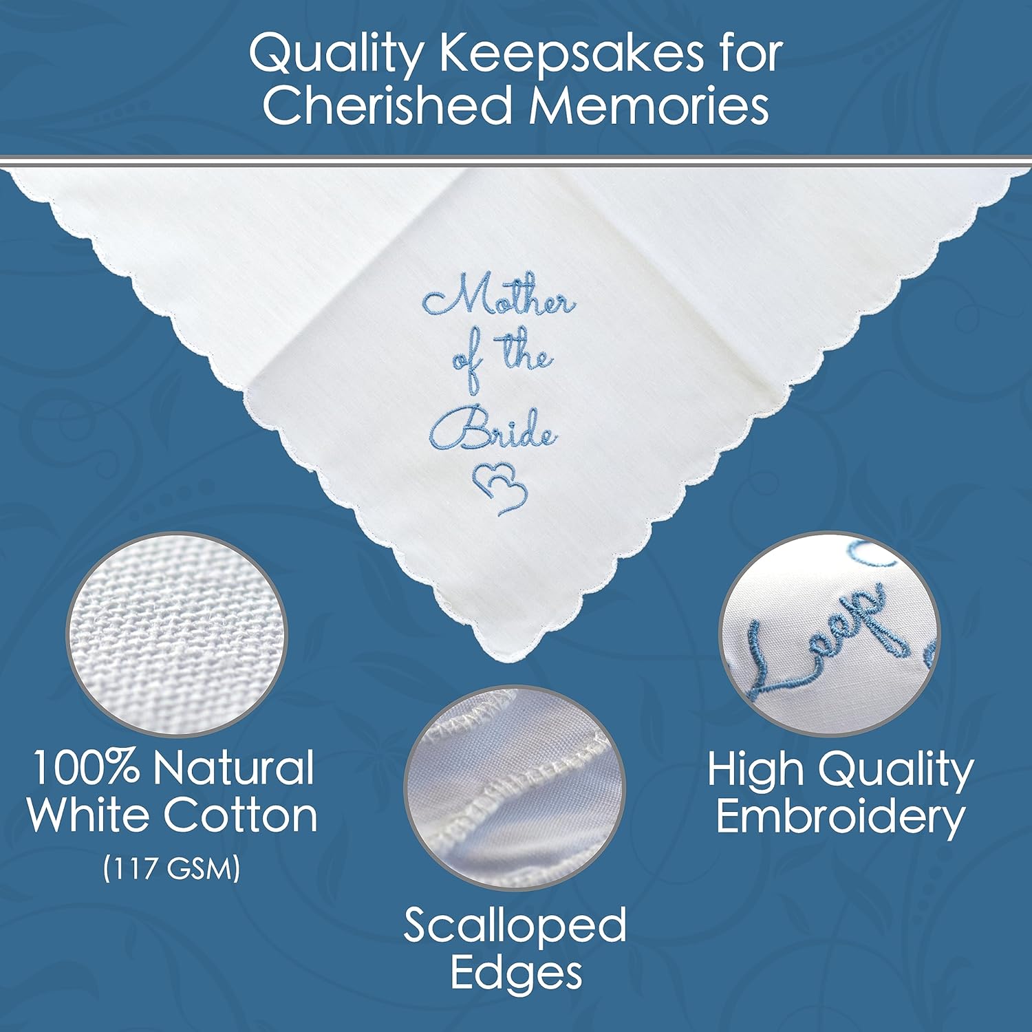 Cotton Wedding Handkerchief with Scalloped Edges, Mother of Bride & Groom Gifts, Envelope Gift Box & Card - Image 2