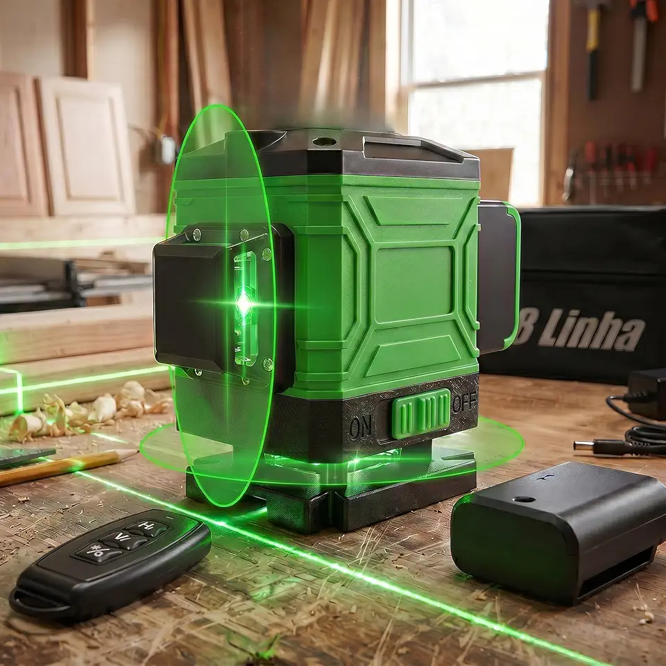 Nivel a Laser 8 Linhas Verde Autonivelante 2x360 graus, Nivelador Profissional Cruzado com Controle, Bateria e Carregador Bivolt 110/220V. Ideal para Porcelanato, Gesso e Reformas (2x360 graus Laser)