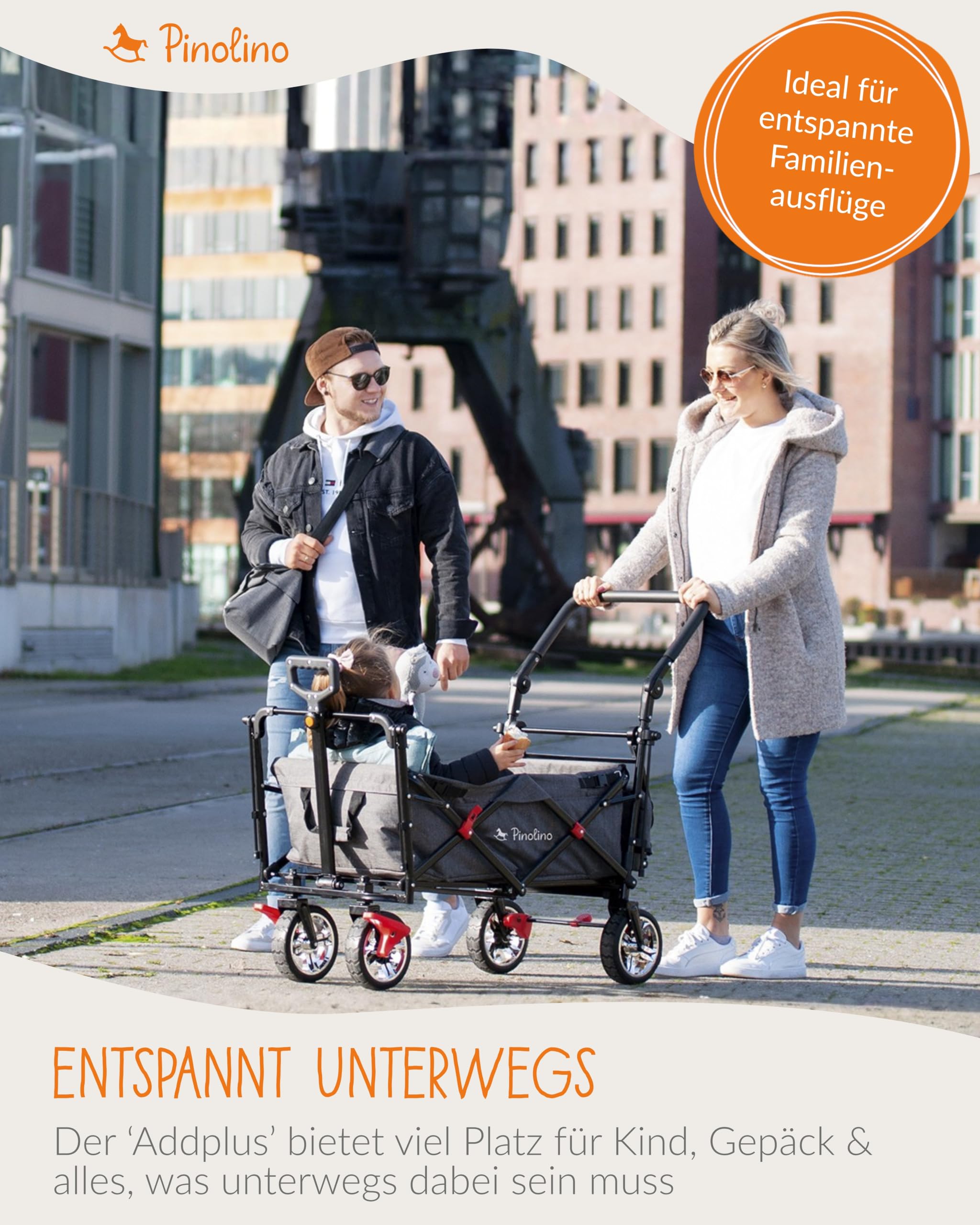 PINOLINO AddPlus Bollerwagen faltbar mit Bremse – Transportwagen mit Schutzhülle, höhenverstellbarer Schiebegriff, All-Terrain PU-Reifen, Stahlachsen, 80 kg Tragkraft, Ladefläche 120×56×67 cm, grau