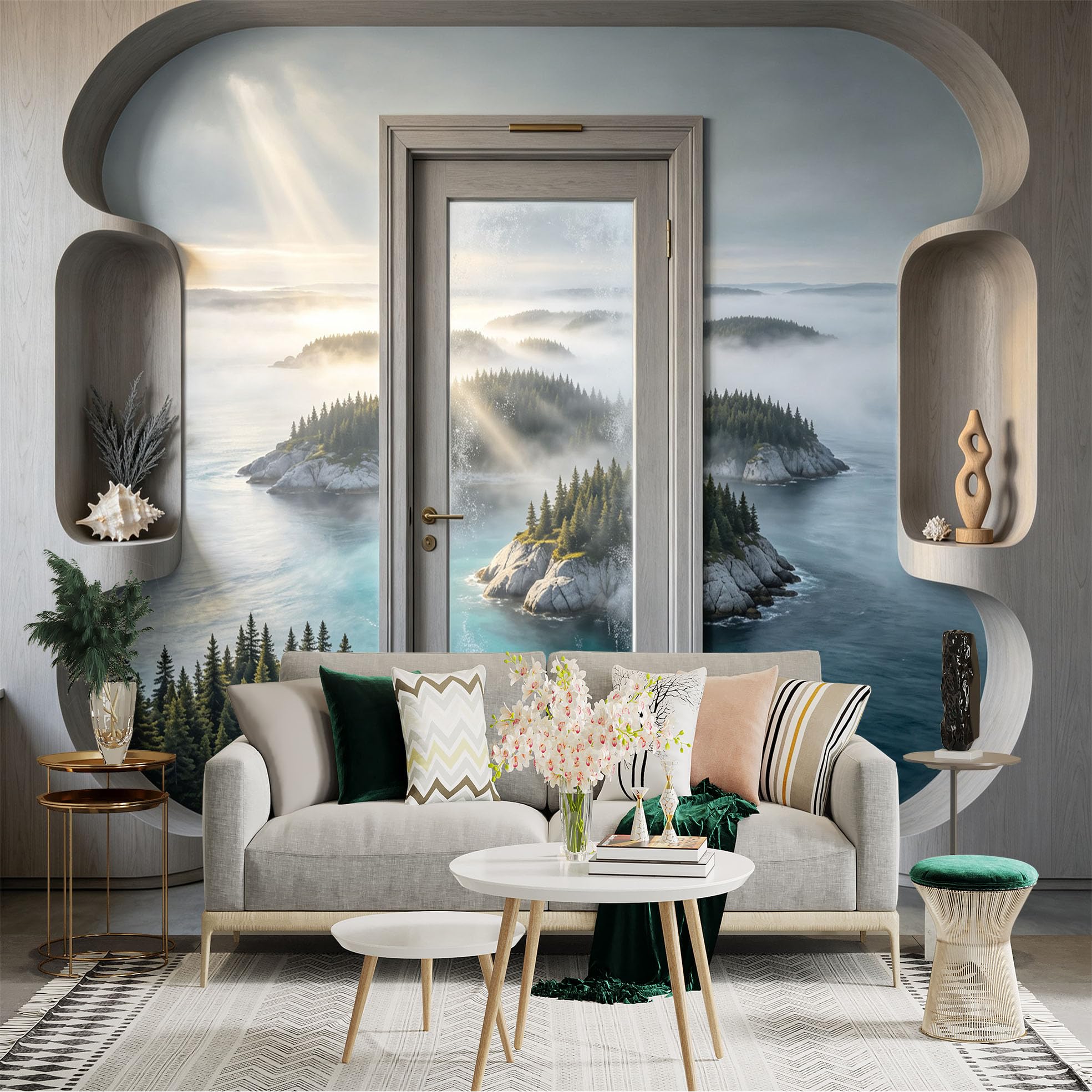 Custom Size Wall Sticker Mural， Misty Coastal Islands， Ocean View， Pine Forest Landscape， Sunlight Seascape， for wall Decoration， peelandstick wall Decals.