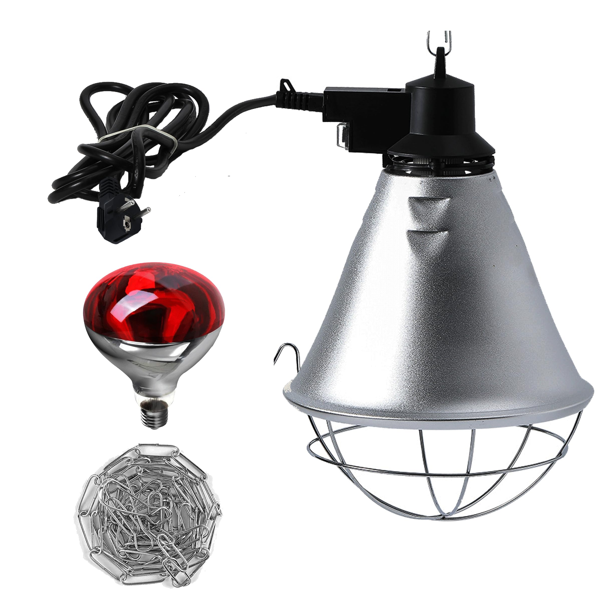 Lampada Riscaldante a Infrarossi 250W per Pollame, con 2,5m Filo Elettrico e 2m Catena Sospensione, 2 Temperature Eco (Alta/Bassa), Ideale per Galline, Anatre, Cuccioli di Cane e Maiale