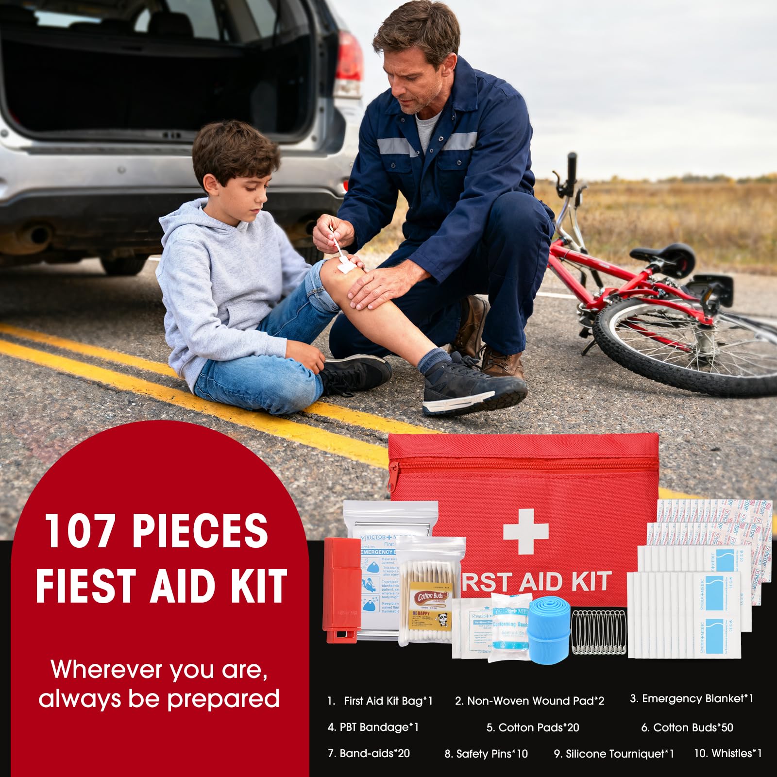 Car Emergency Kit - Roadside Assistance Kit with 10FT Jumper Cables, Tow Strap, Tool Kit, Reflective Warning Triangle, Road Trip Essentials, for New Drivers, Teens