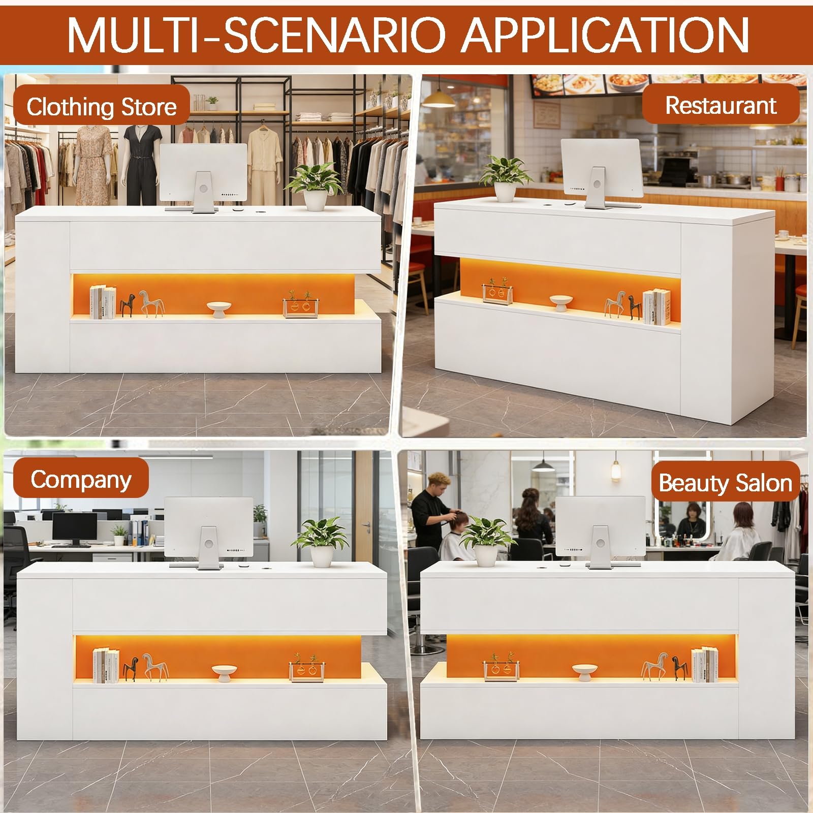 Scrivania per reception con illuminazione a LED, gestione dei cavi nascosta e cassetto chiudibile a chiave, elegante mobile da ufficio per casa e ufficio