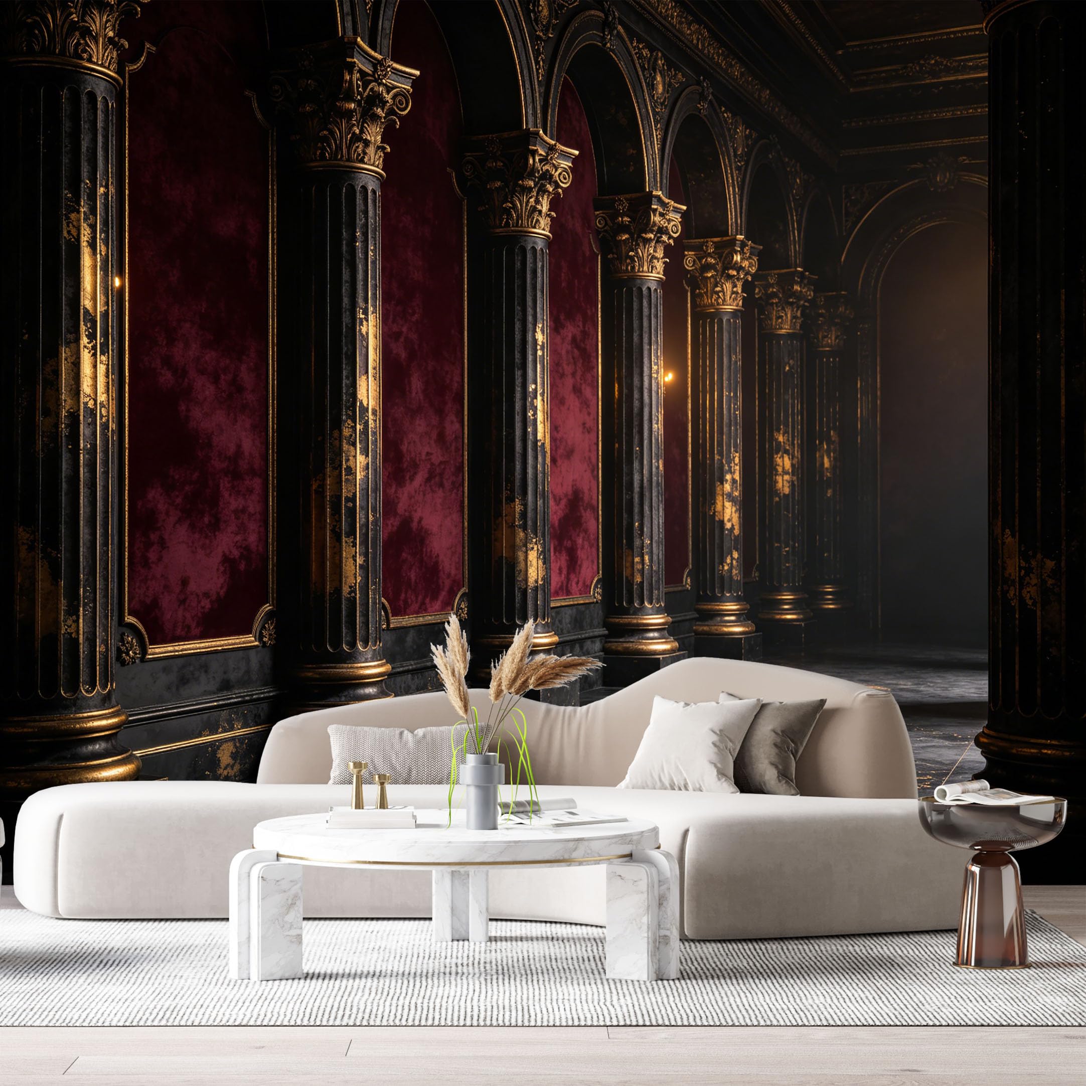 Custom Size Wall Murals Neoclassical Column Hall Vintage Red Velvet Gold Texture SelfAdhesive Wall Fabric Removable Large Wallpaper for Photo Living Room