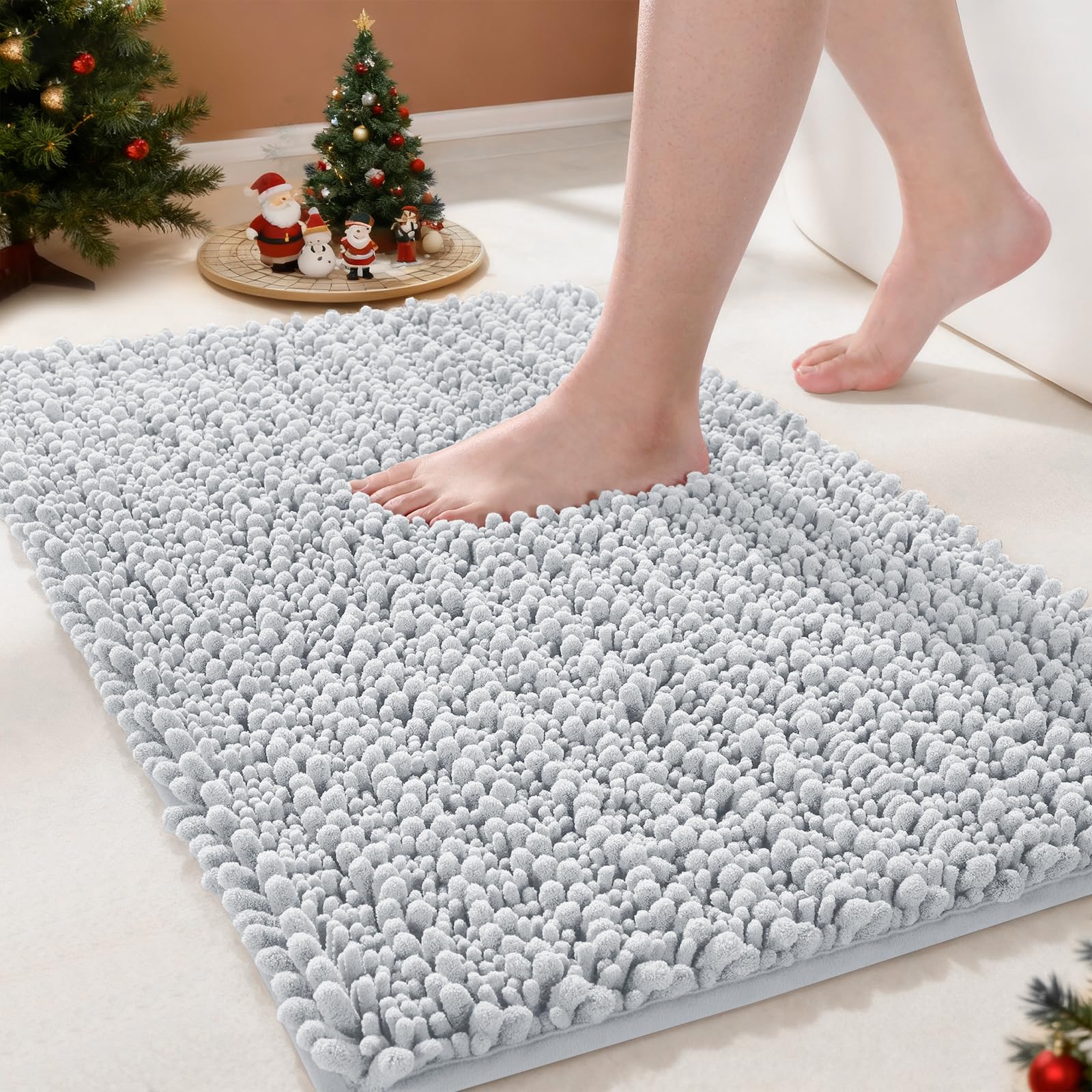 Original Luxury Chenille Rectangular Bath Mat,24 X 17 Inches,Soft Shaggy And Comfortable,Large Size,Super Absorbent And Thick,Non-Slip,Machine Washable,Perfect For Bathroom,Silver