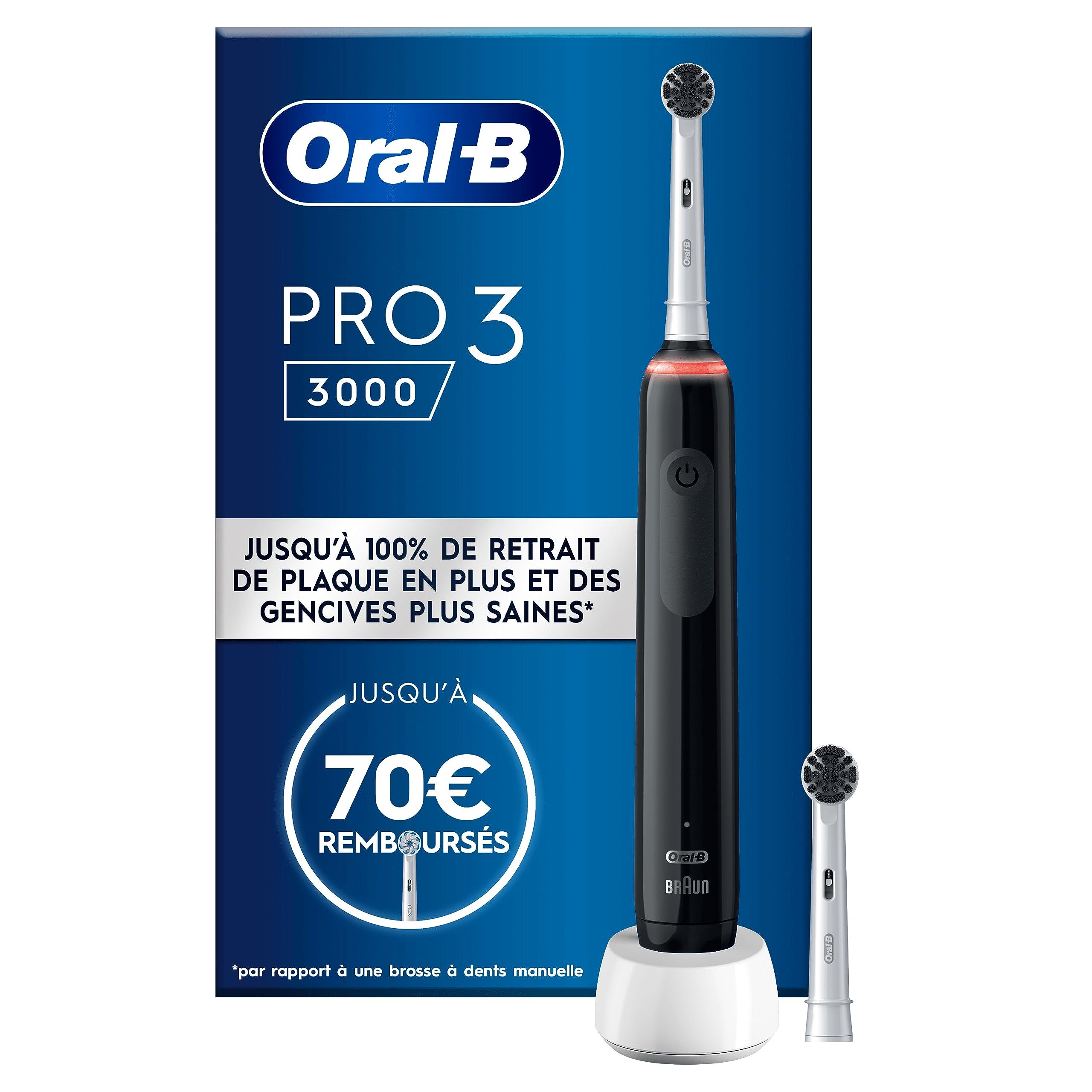 Oral-B Pro 3 3000 Brosse À Dents Électrique Noire, 2 Brossettes, Conçue par Braun
