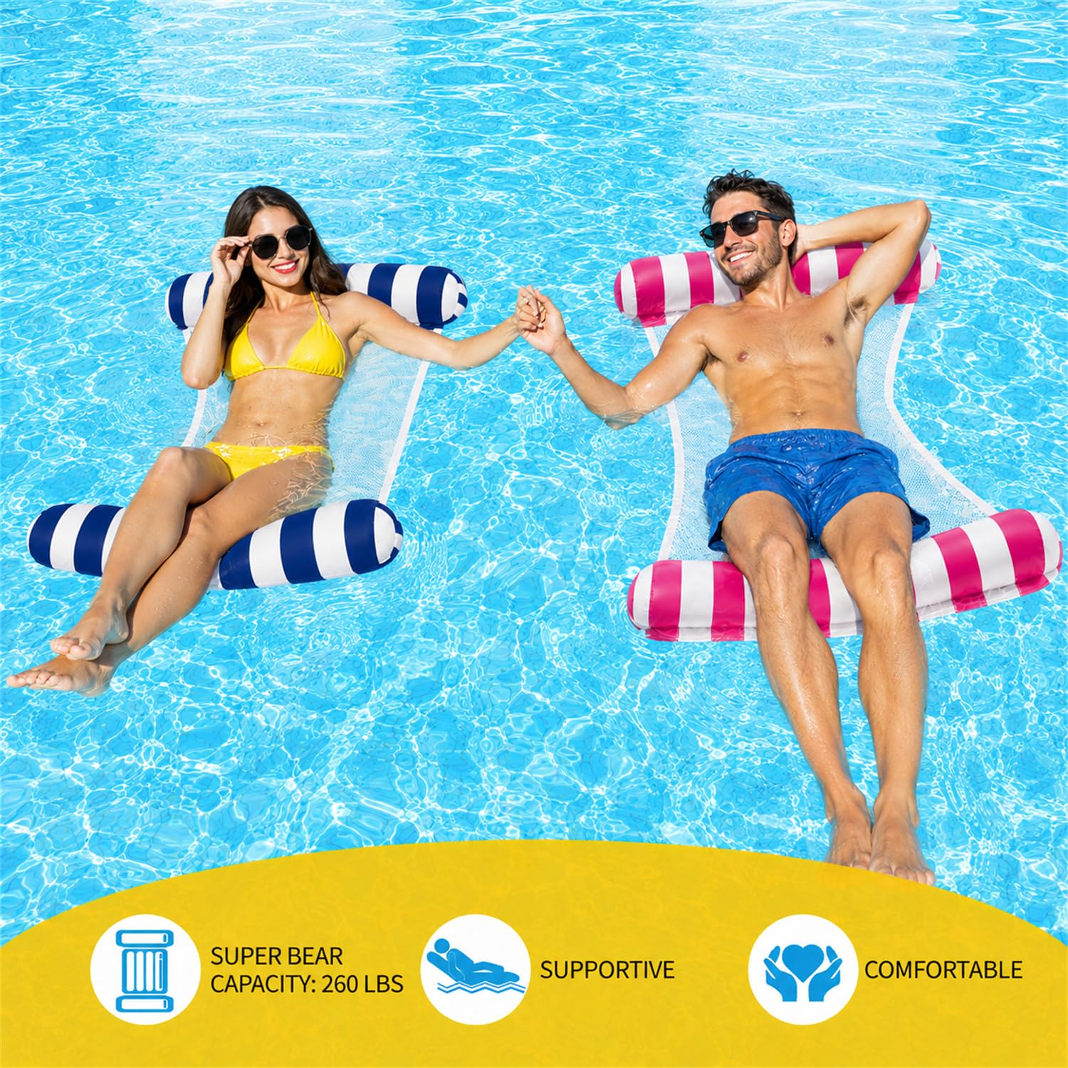 2 Piezas Colchoneta Hinchable Piscina Adultos 4 en 1, Hamaca Flotante con Red de Malla, Reposacabezas y Bomba Manual, Flotador Piscina Adulto Plegable para Piscina, Playa y Vacaciones