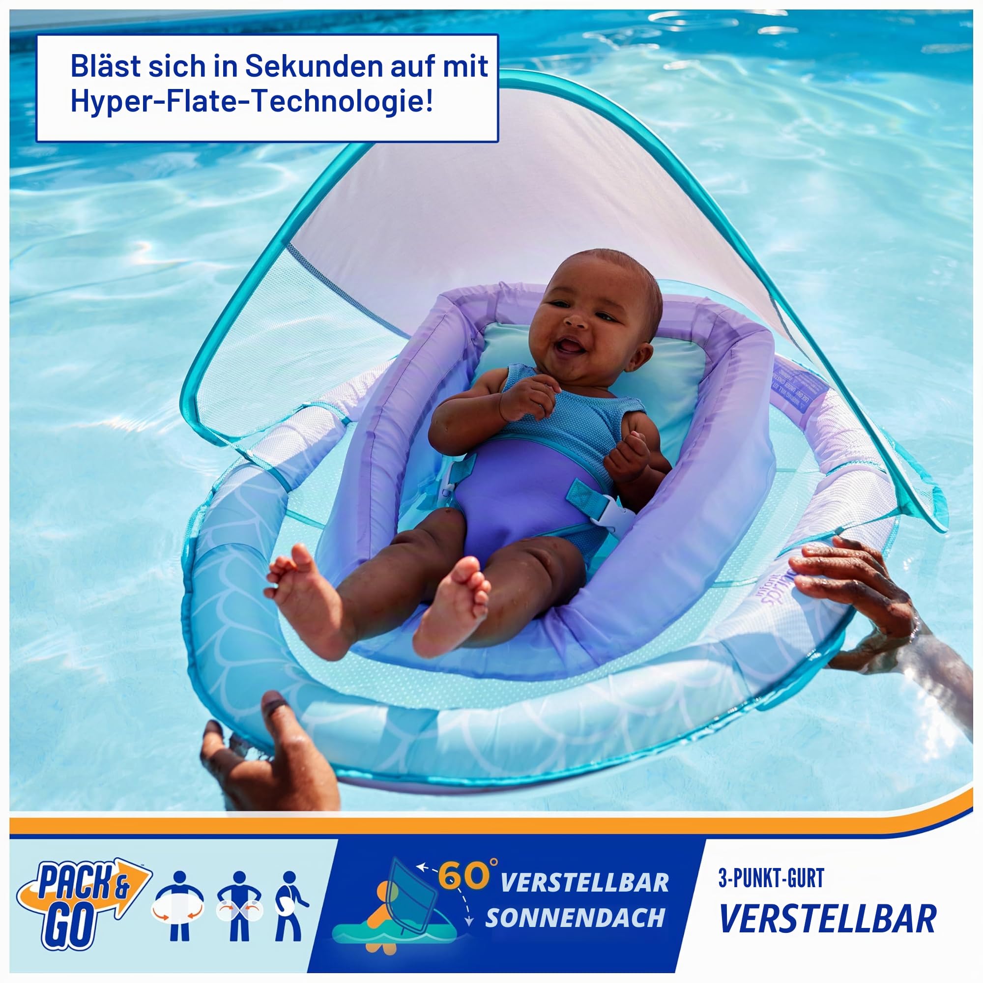 SwimWays Baby-Frühlingsschwimmer, Baby-Pool-Schwimmer mit Baldachin, Schwimmbadzubehör für Kinder 3-9 Monate, Meerjungfrau