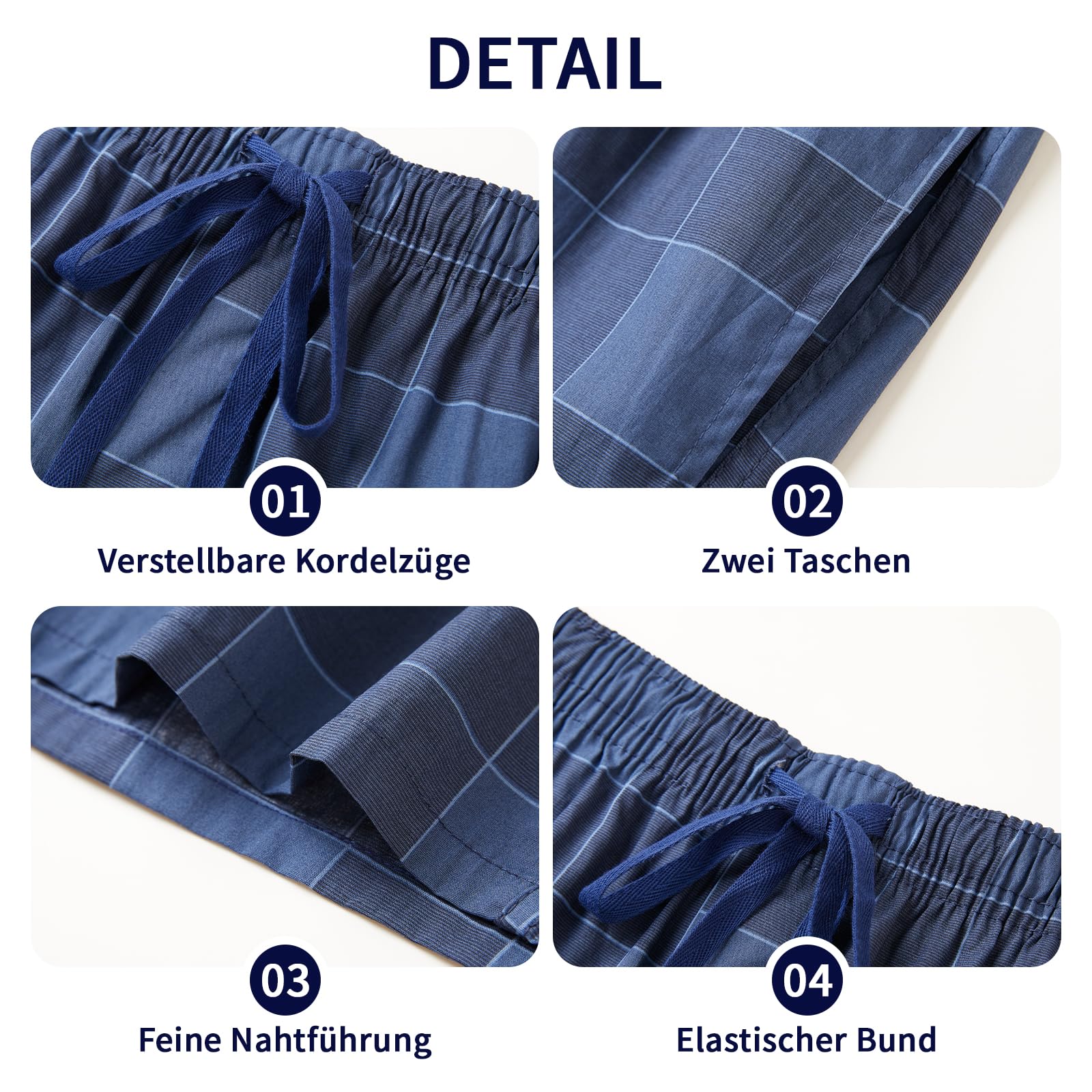 Schlafanzughose Herren Kurz, Kariert Pyjamahose 3er-Pack mit Seitentaschen und Elastischem Bund