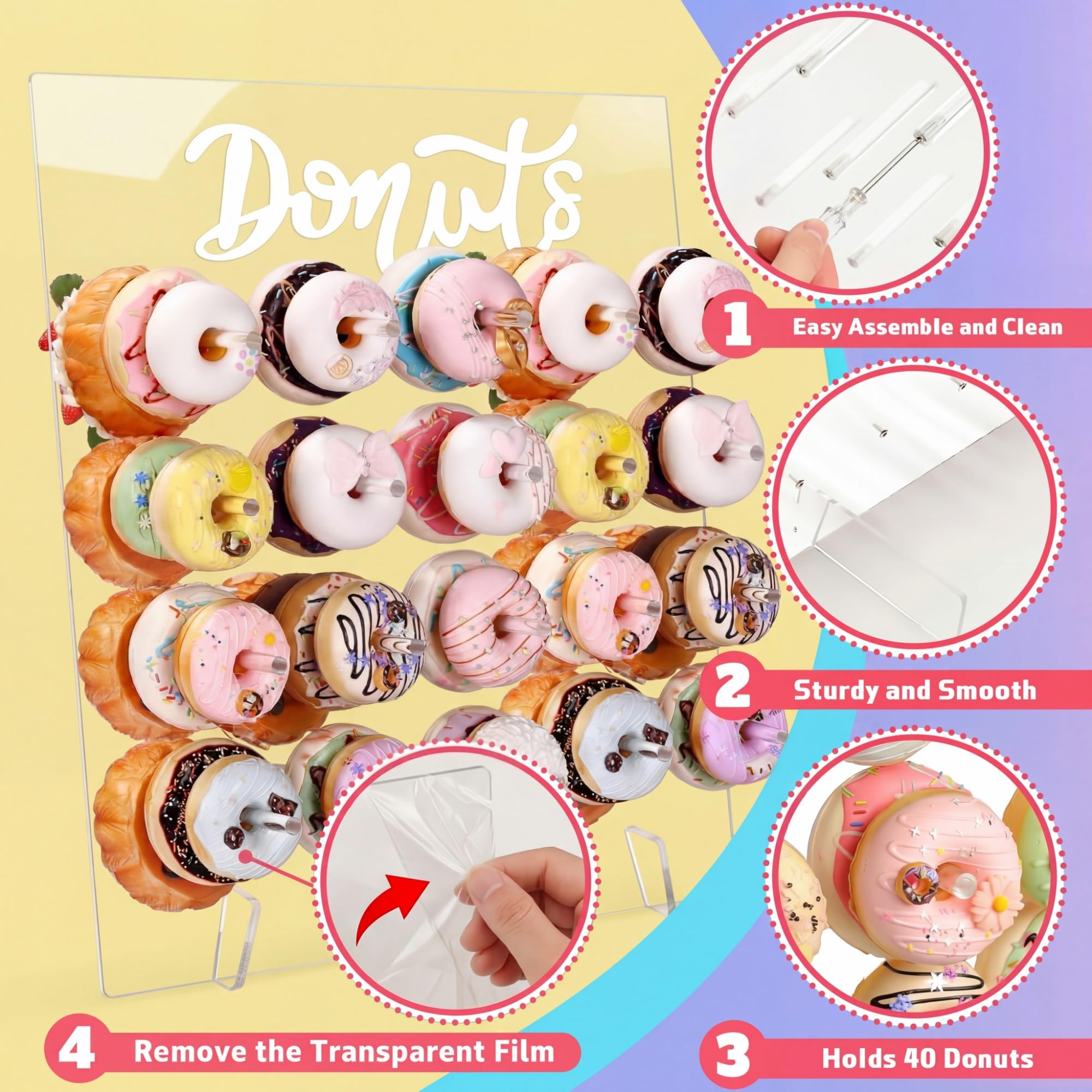 Soporte de exhibición de donas de acrílico reutilizable para 20 clavijas de 17.7 x 15 pulgadas, tablero de donas para mesa de postre, donas, decoración de fiesta de cumpleaños para fiesta de