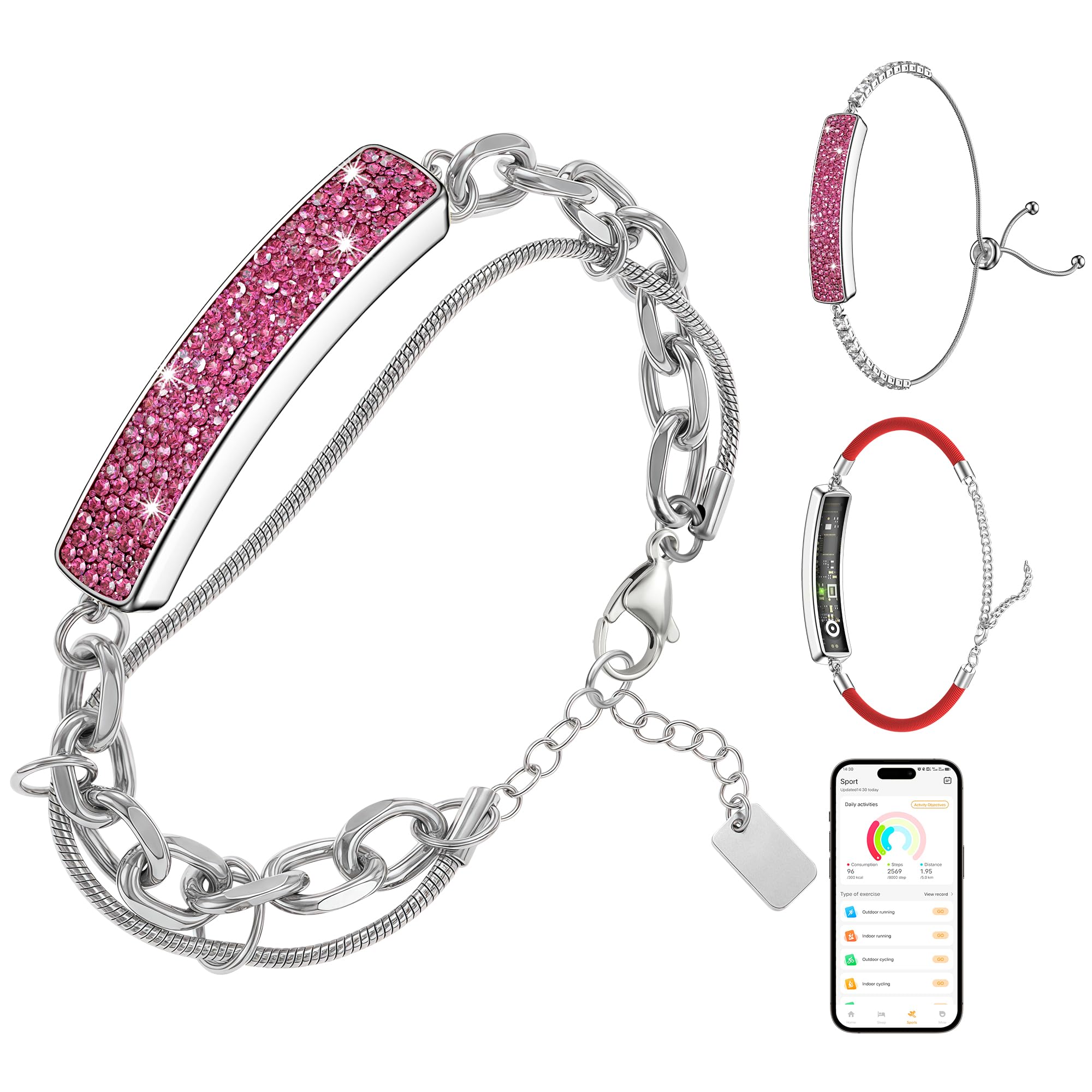 Photo 1 of Light Luxury Smart Bracelet for Women, Crystal Birthstone Fitness Tracker with Three Bands, All-Day Heart Rate/Sleep/Stress/HRV/Step Monitor, Elegant Wristband for Birthday & Womens Day Gifts(pink)