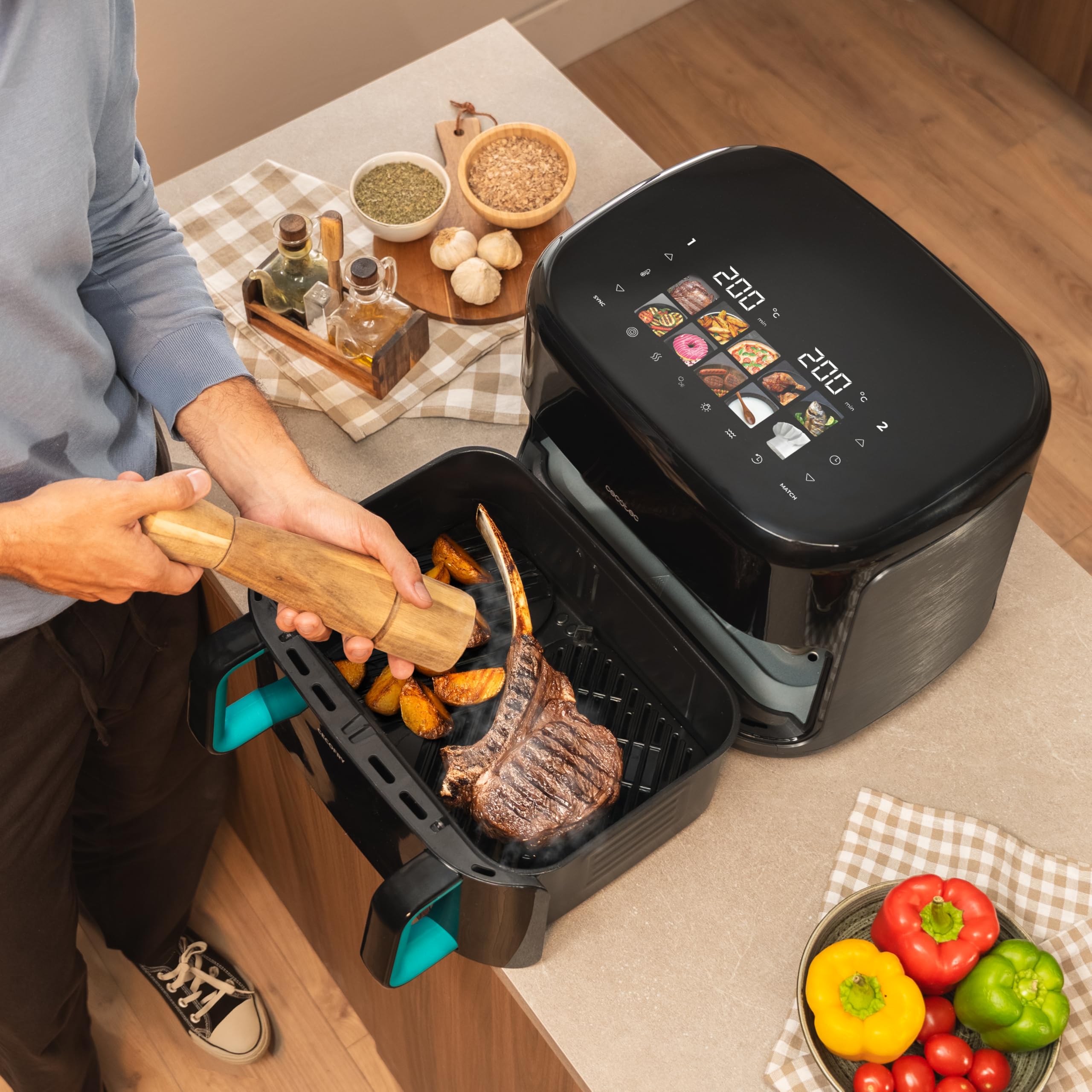 Cecotec Friggitrice ad Aria 10L - Air Fryer Cecofry&Grill Smokin'Prime 11000. 2800W, 3in1: Friggitrice, Grill, Piastra. Affumicatore integrato, Parete divisoria, Temp 40-200°C, Cottura uniforme